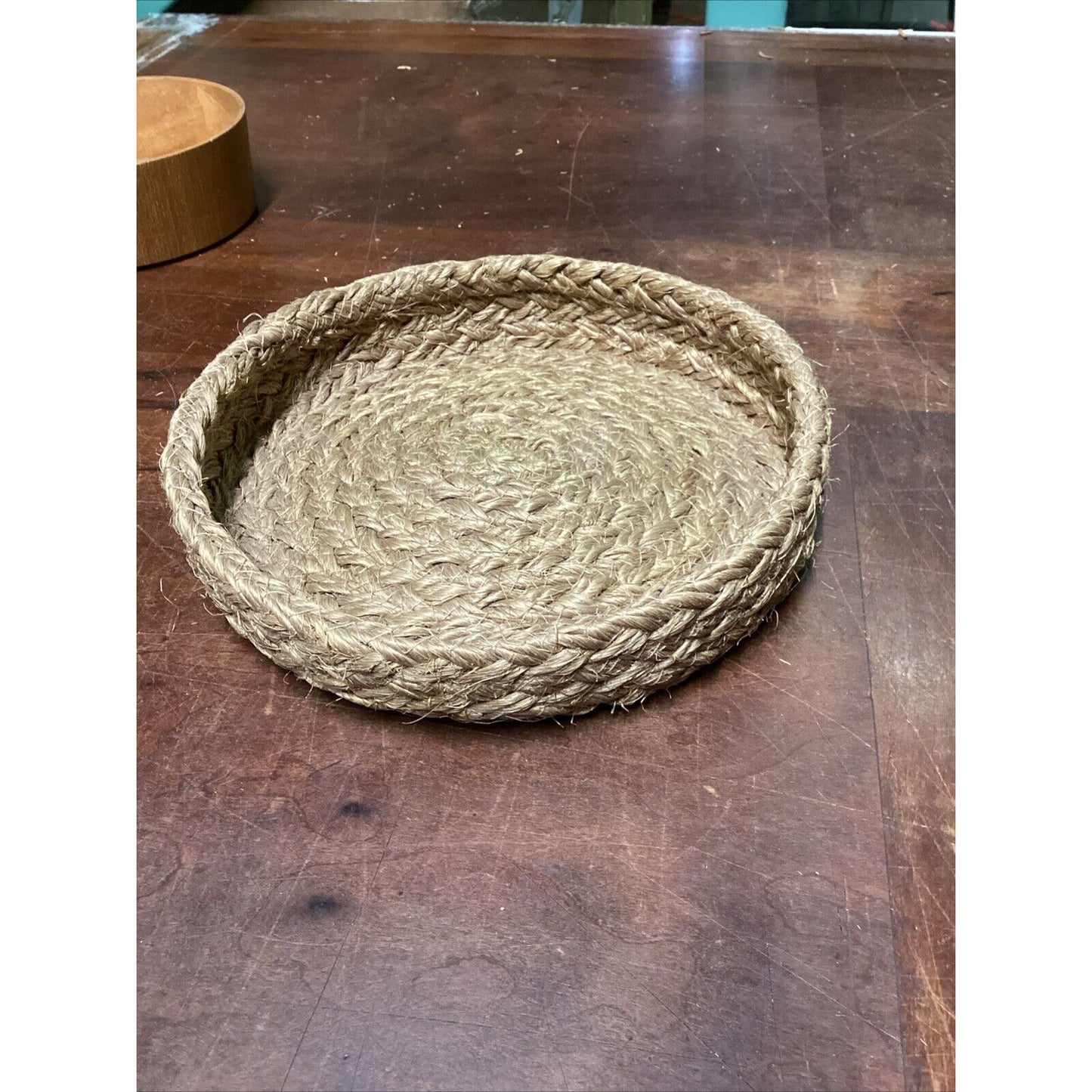 2 Corn Husk Rope Basket Trays & 3 Wooden Nesting Bowls