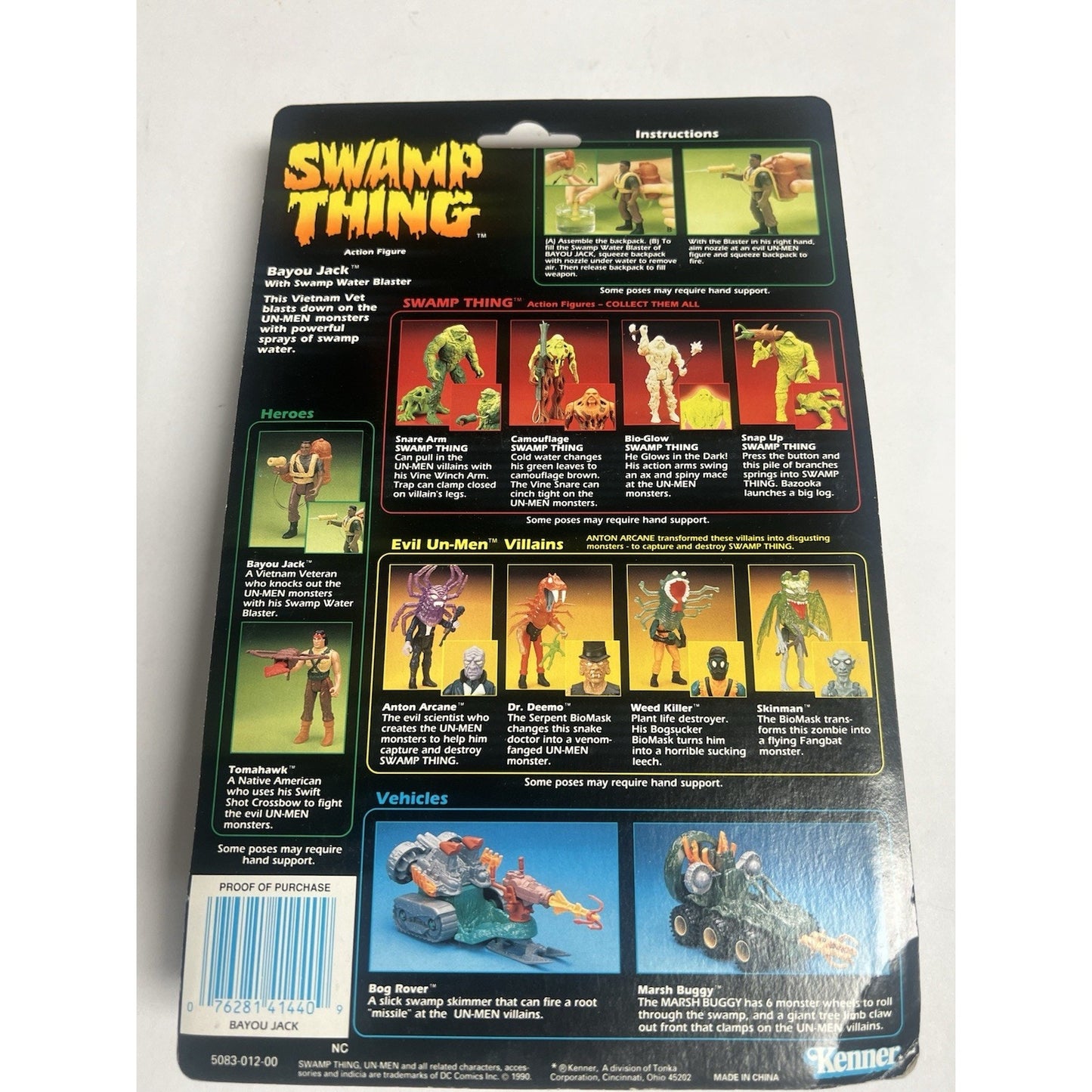 VINTAGE 1990 SWAMP THING ACTION FIGURE ON CARD HORROR BAYOU JACK & WATER BLASTER