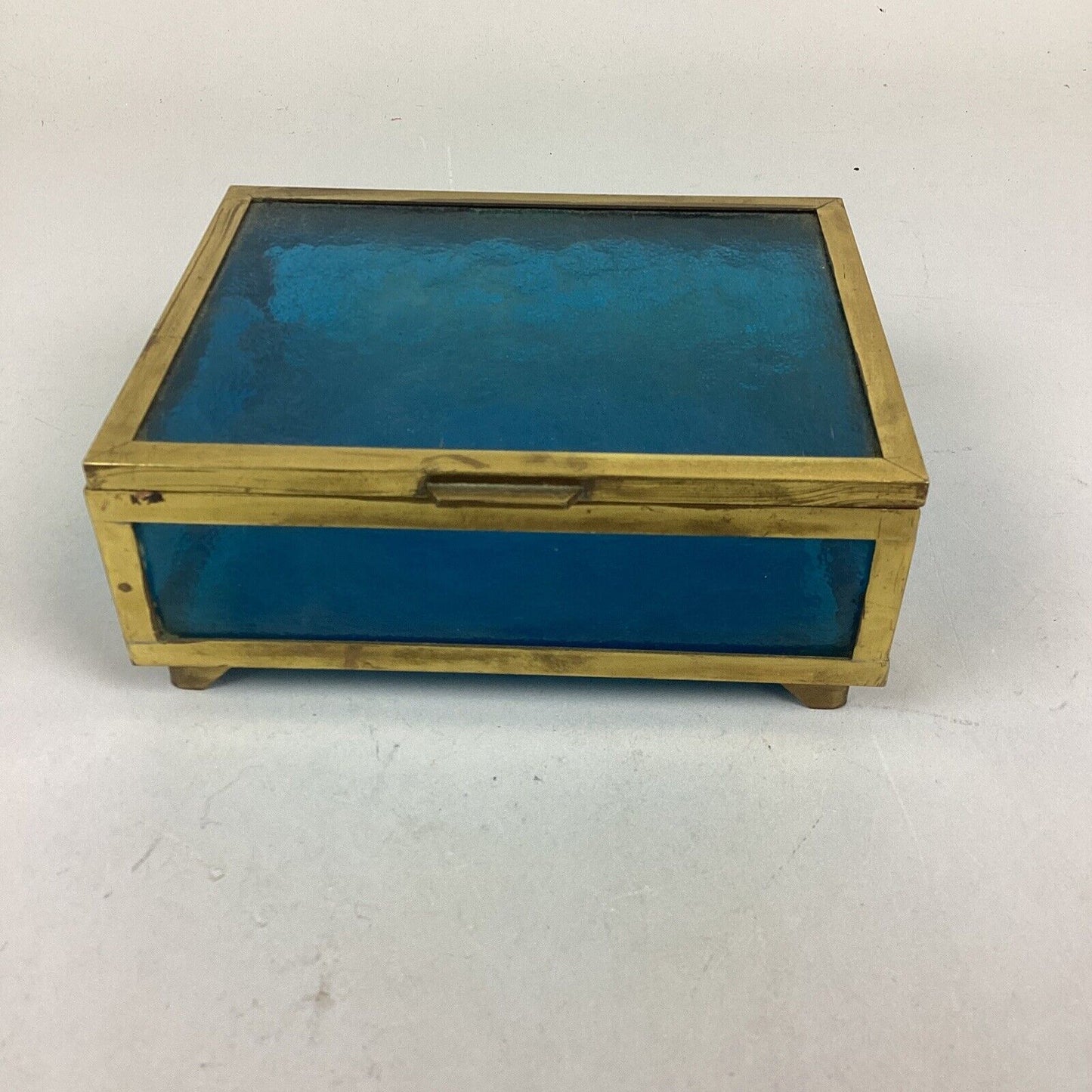 Vintage Blue Etched Glass With Gold Trim Jewelry Box Trinket Box