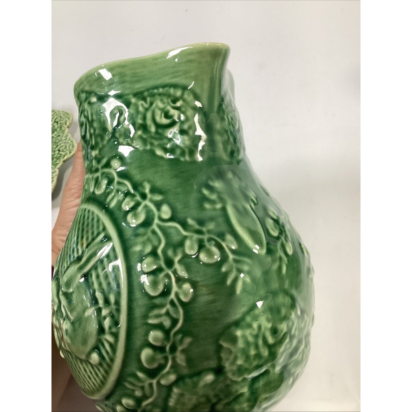 Vtg Bordallo Pinheiro Pitcher Majolica Portugal Rabbits Lattice Ceramic Cottage