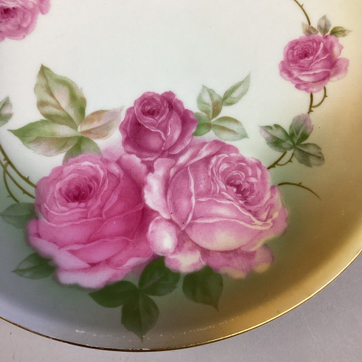 Antique German Roses Cookie Cake Dessert Serving Dish With Gold Trim & Handles