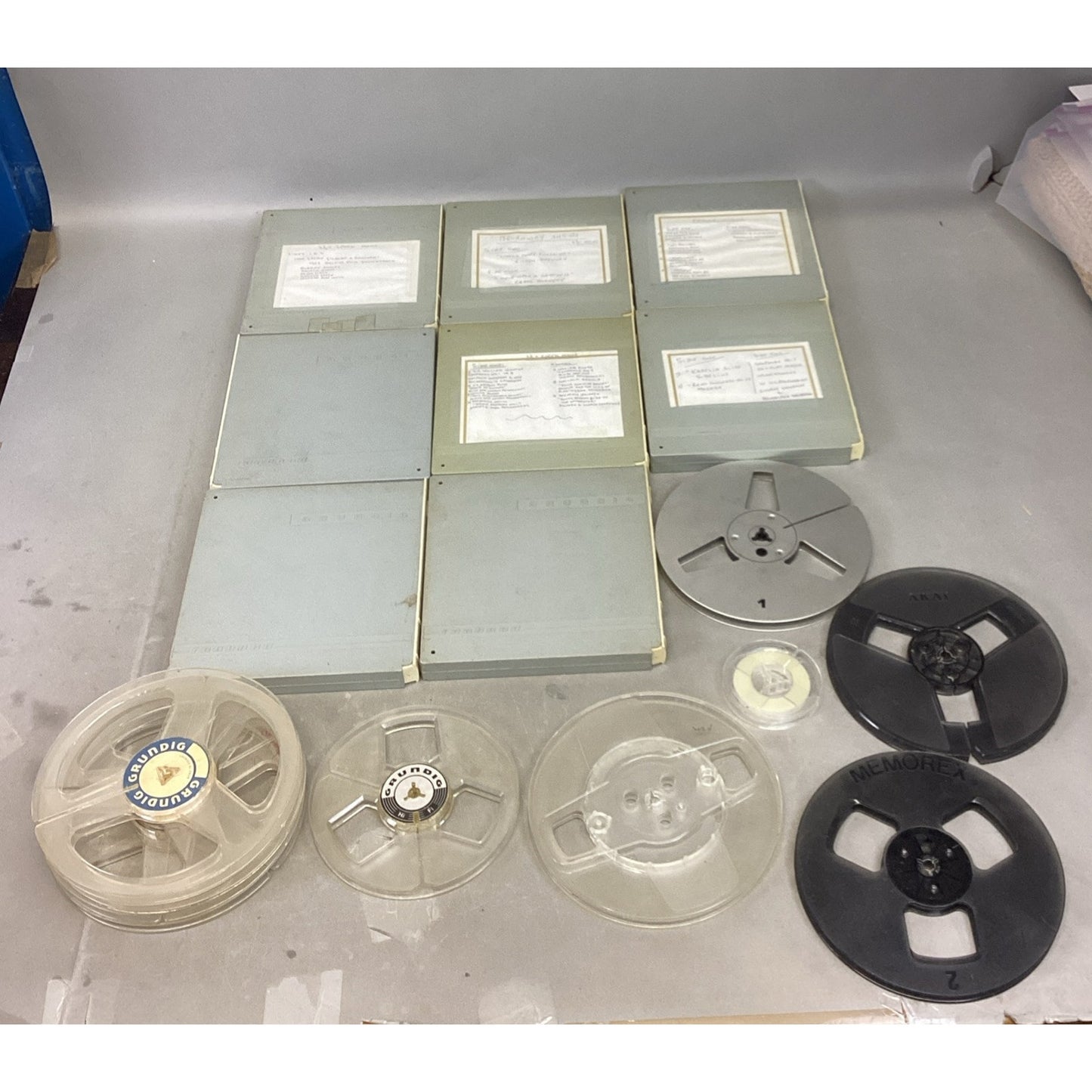 Lot Of 8 Grundig Cases W/ Tape Reels & 10 Various Empty Tape Reels