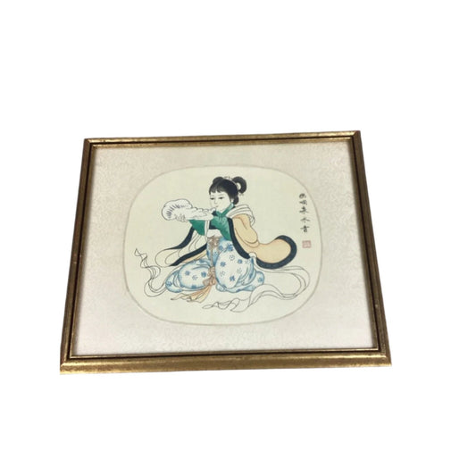 Antique Chinese Watercolor Painting On Silk - Girl Playing Instrument