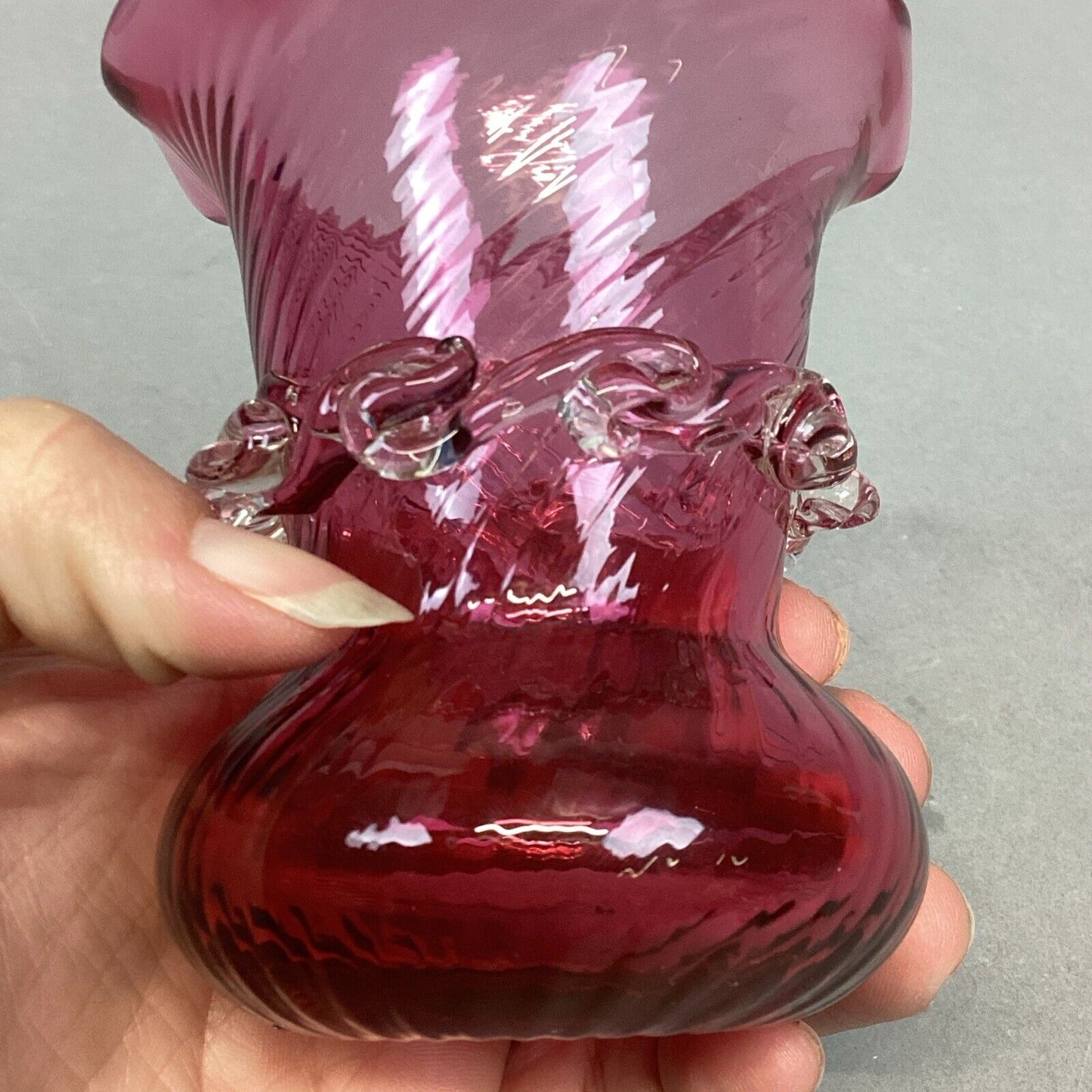 Vintage Hand Blown Pilgrim Glass Swirl Cranberry Vase - 3.5”H