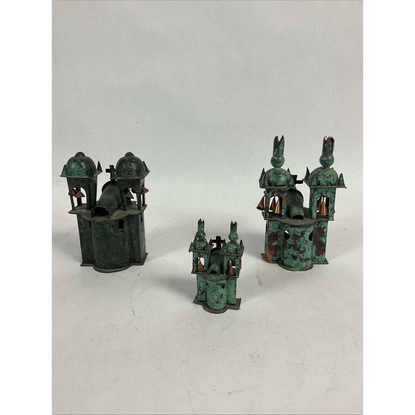 Set Of 3 Vintage Green Bronze & Copper Ayacucho Metal Church W/Bells From Peru