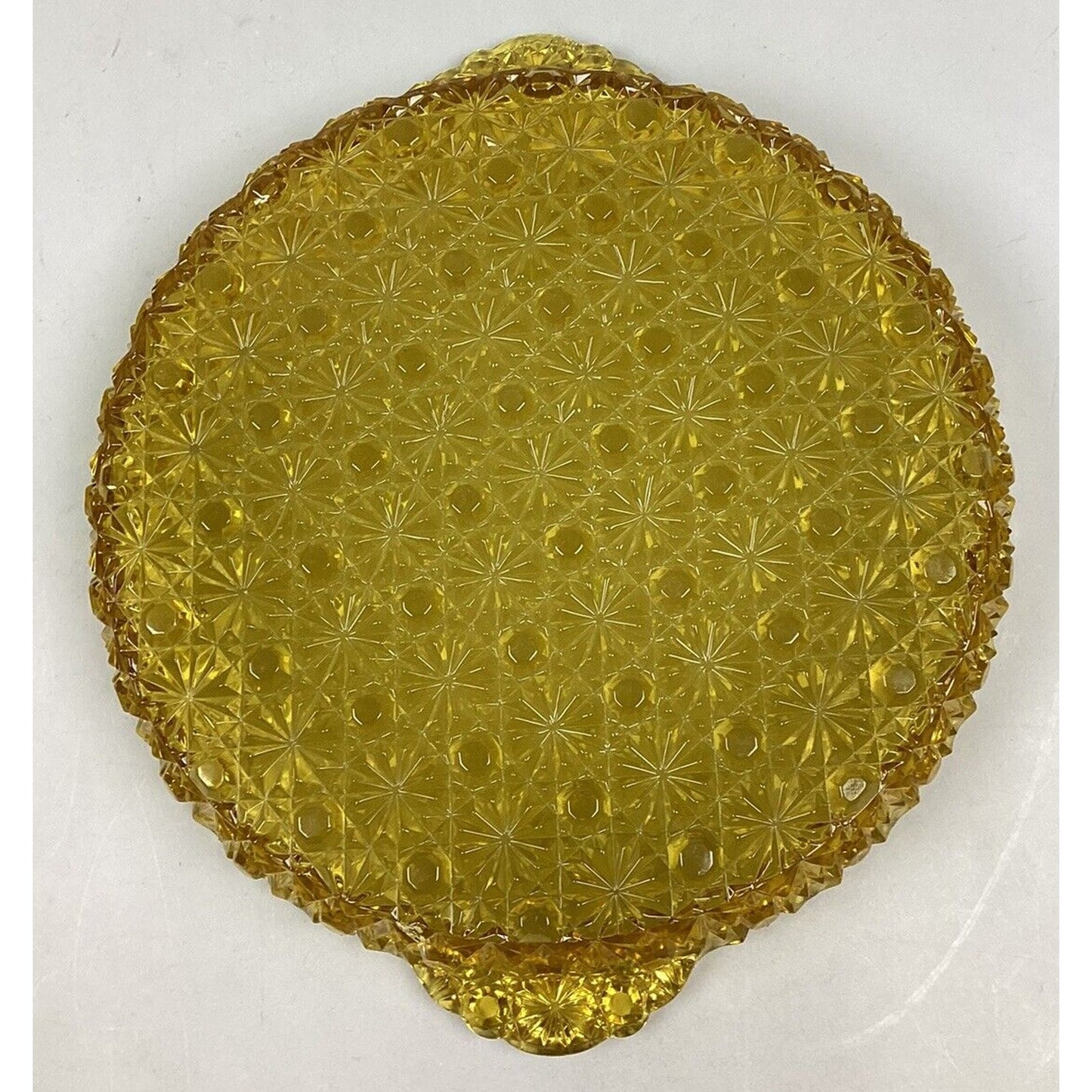 Amber Gold Star Cut Glass Serving Dish & 6 Curved Dessert Bowls/Plates