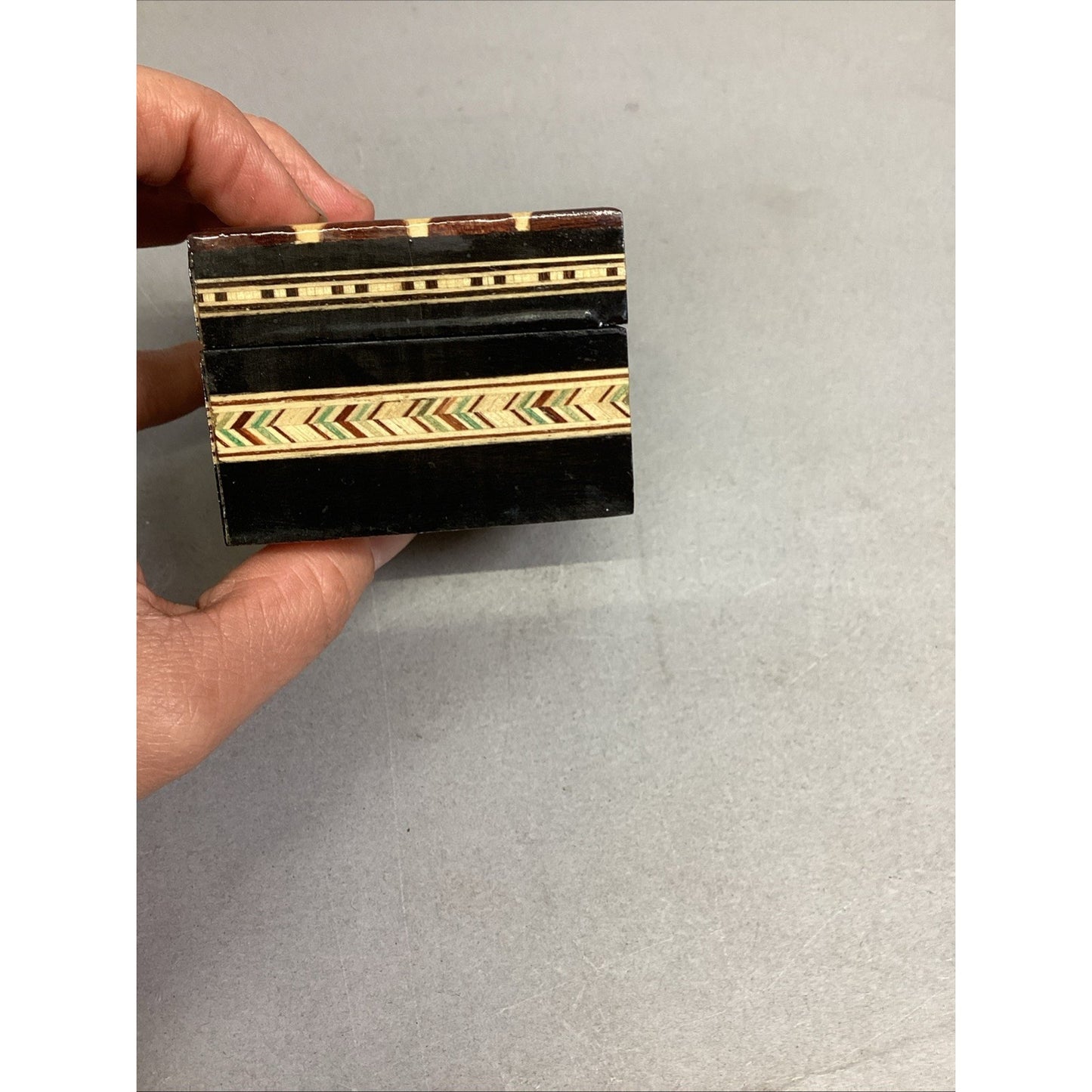 Vintage Lacquered Wood Box Trinket Mosaic Jewelry Stash 2 7/8x2.5x1.75”