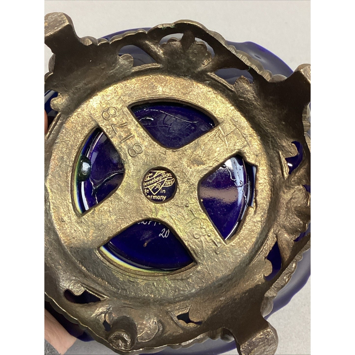 VINTAGE JLMENAU GRAF VON HENNEBERG ECHT COBALT PORCELAIN DISH ON BRASS PEDESTAL