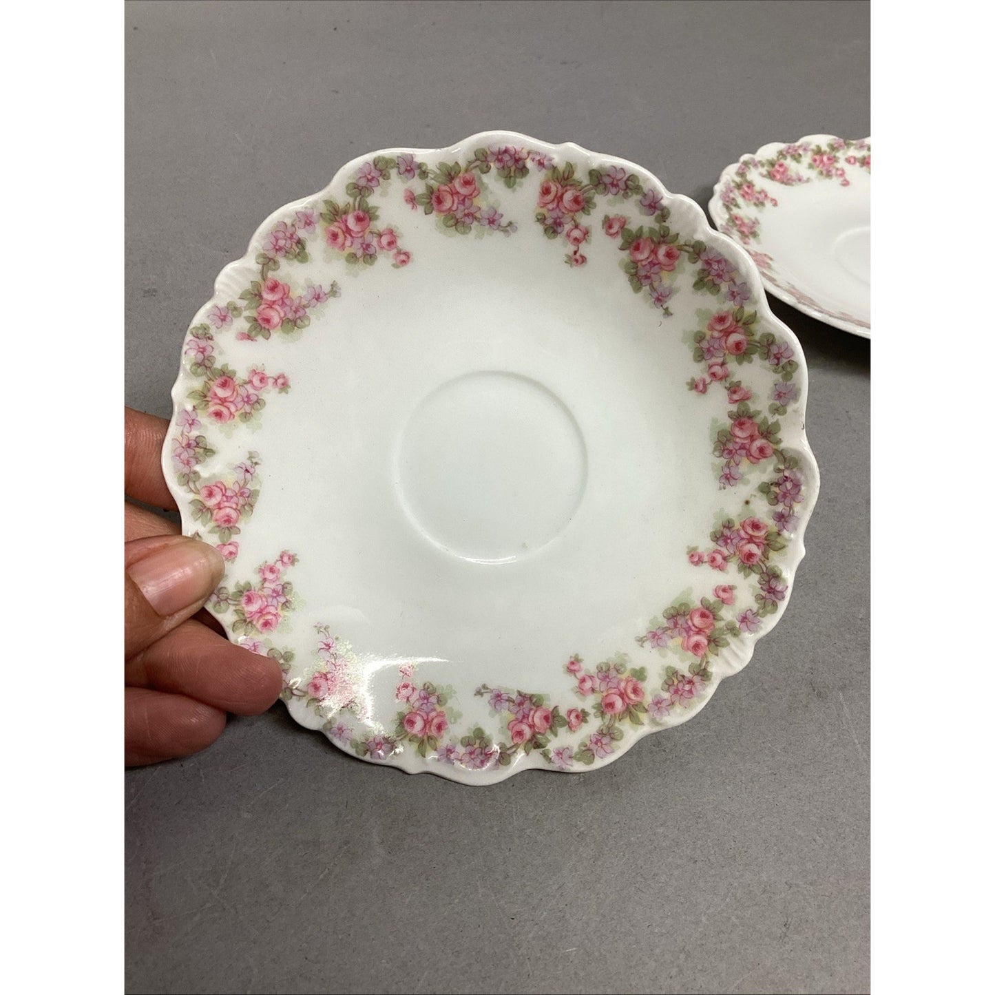 Set Of 10 Vintage Elite Works Limoges Scalloped Edge Saucers Pink Roses - 5-3/4”