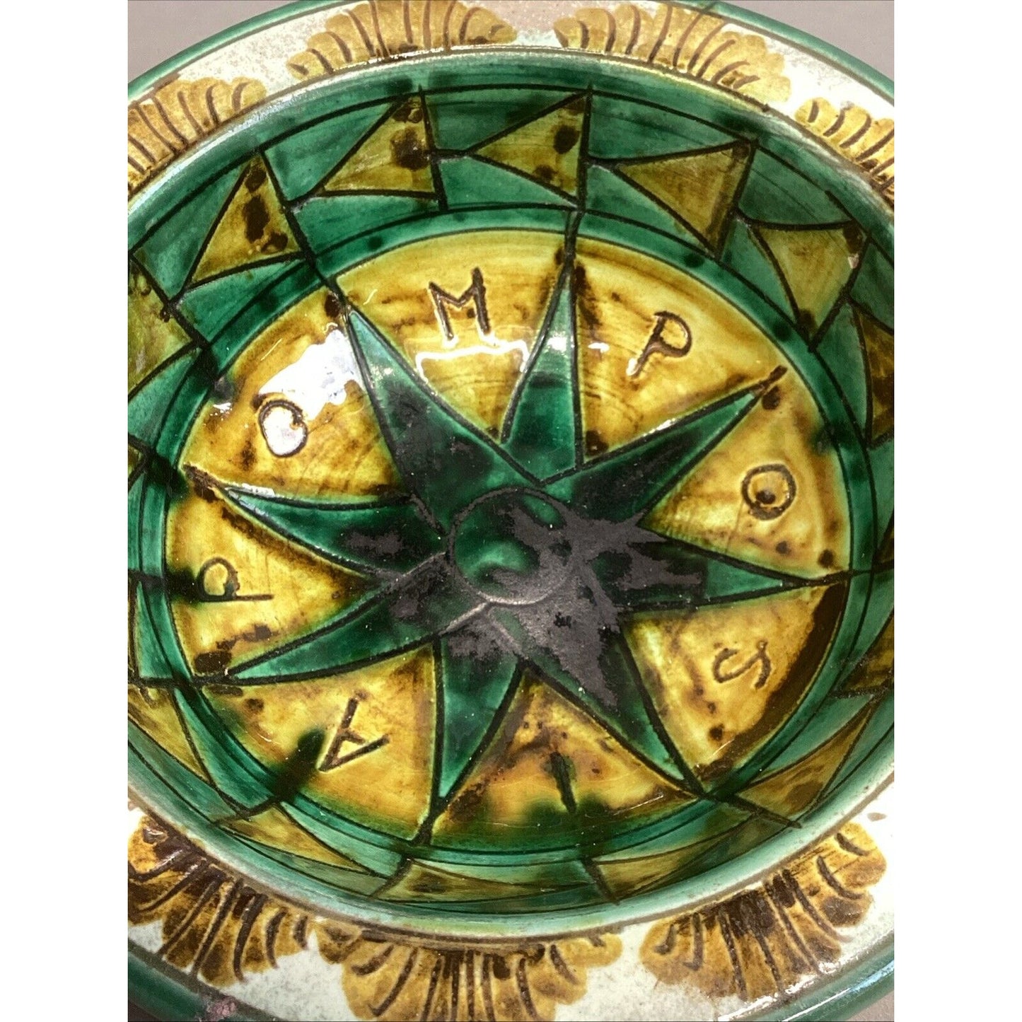 Handmade Green & Yellow Pottery Bowl - 2”Hx7”D