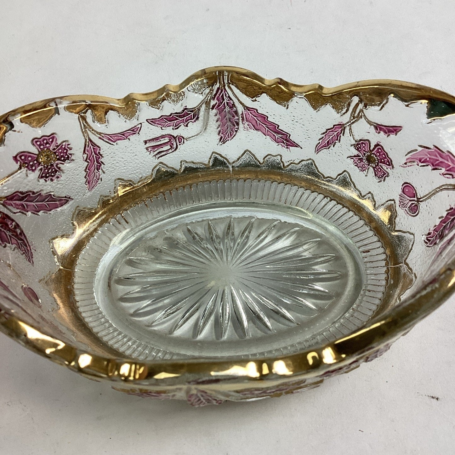 EAPG US Glass Co Rose Stain Delaware Pattern Master Berry Oval Bowl 5 5/8”