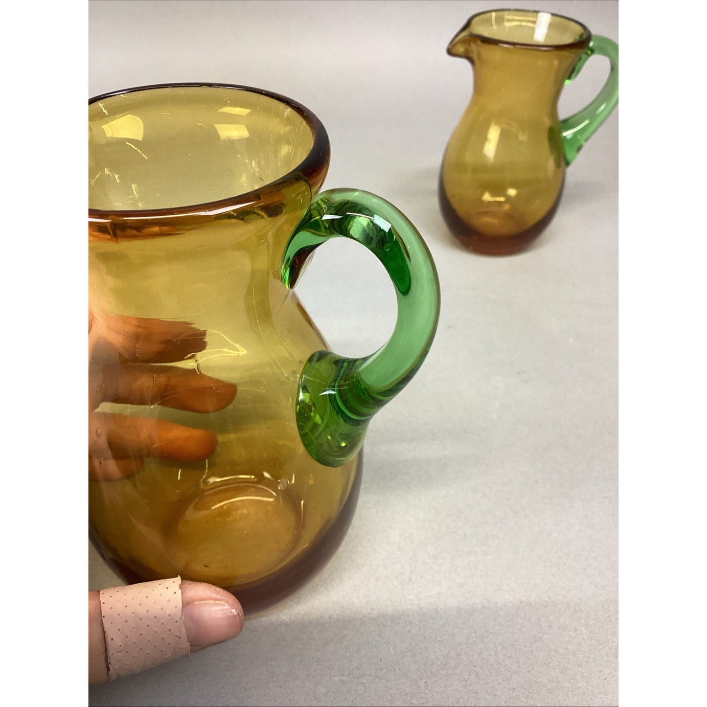 Set Of 3 Art Bubble Glass Hand Blown Pitcher W/ Amber Green Attached Handle