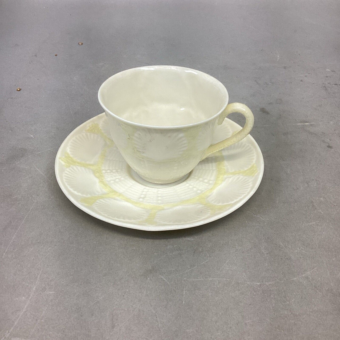 Belleek Yellow Ribbon Bud Vase, Cup/Saucer And Heart Candy Dish