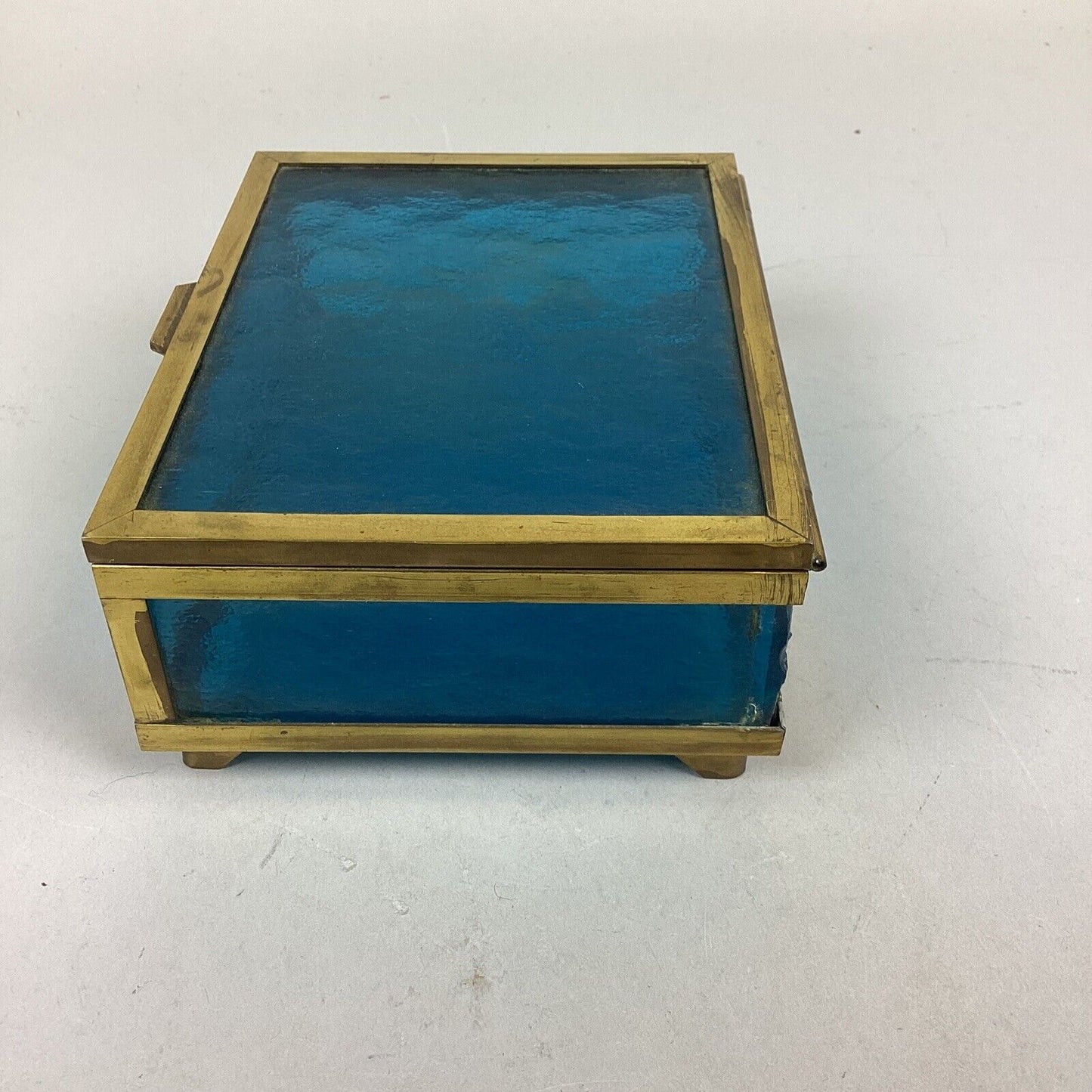 Vintage Blue Etched Glass With Gold Trim Jewelry Box Trinket Box