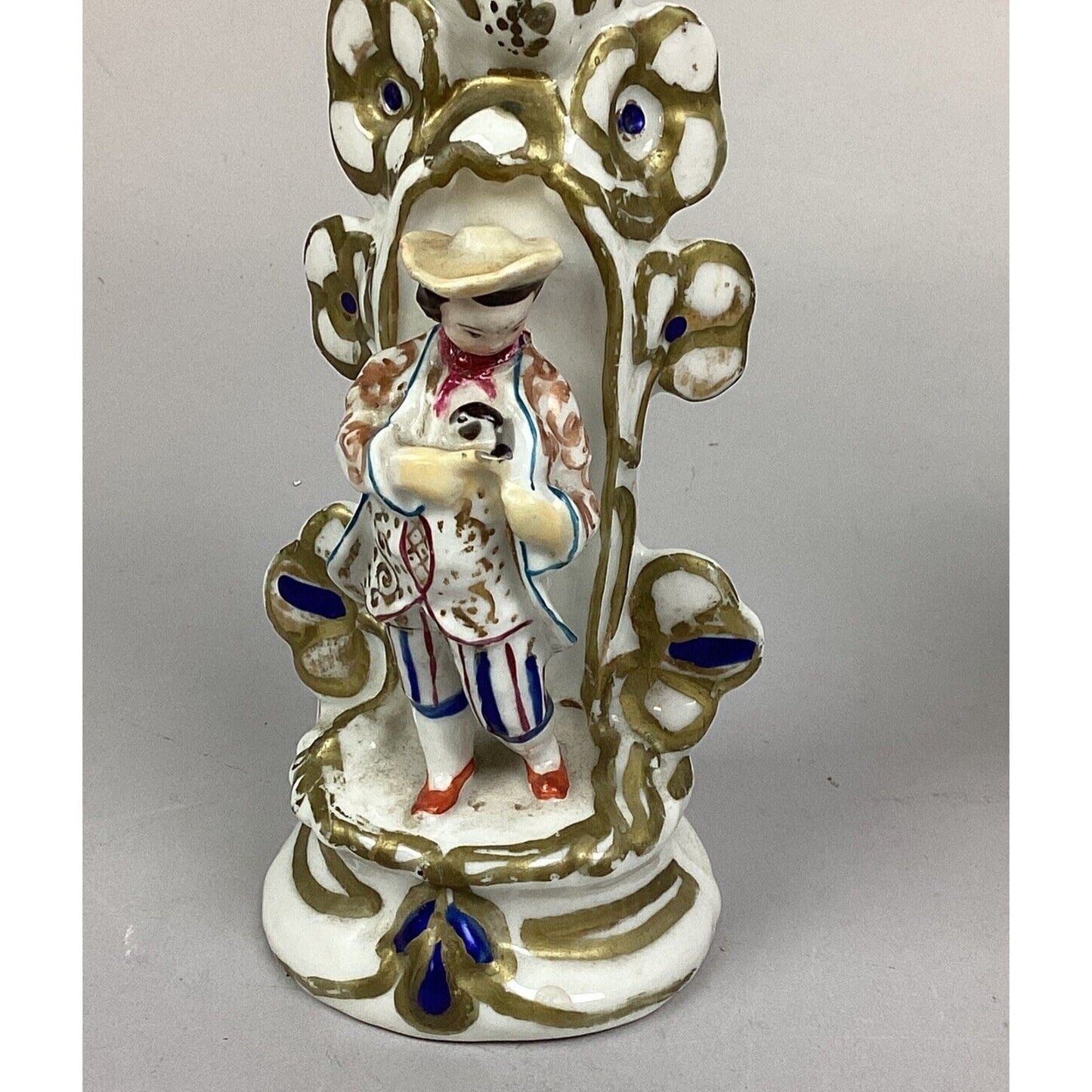 Antique Asian Chinese Porcelain Hand Painted Gold Gilt Figural Candlesticks 7.5”