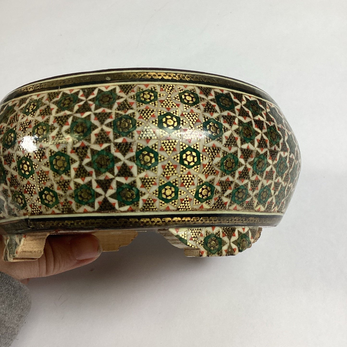 Antique Anglo Indian Micro Mosiac Inlaid Round Trinket Box
