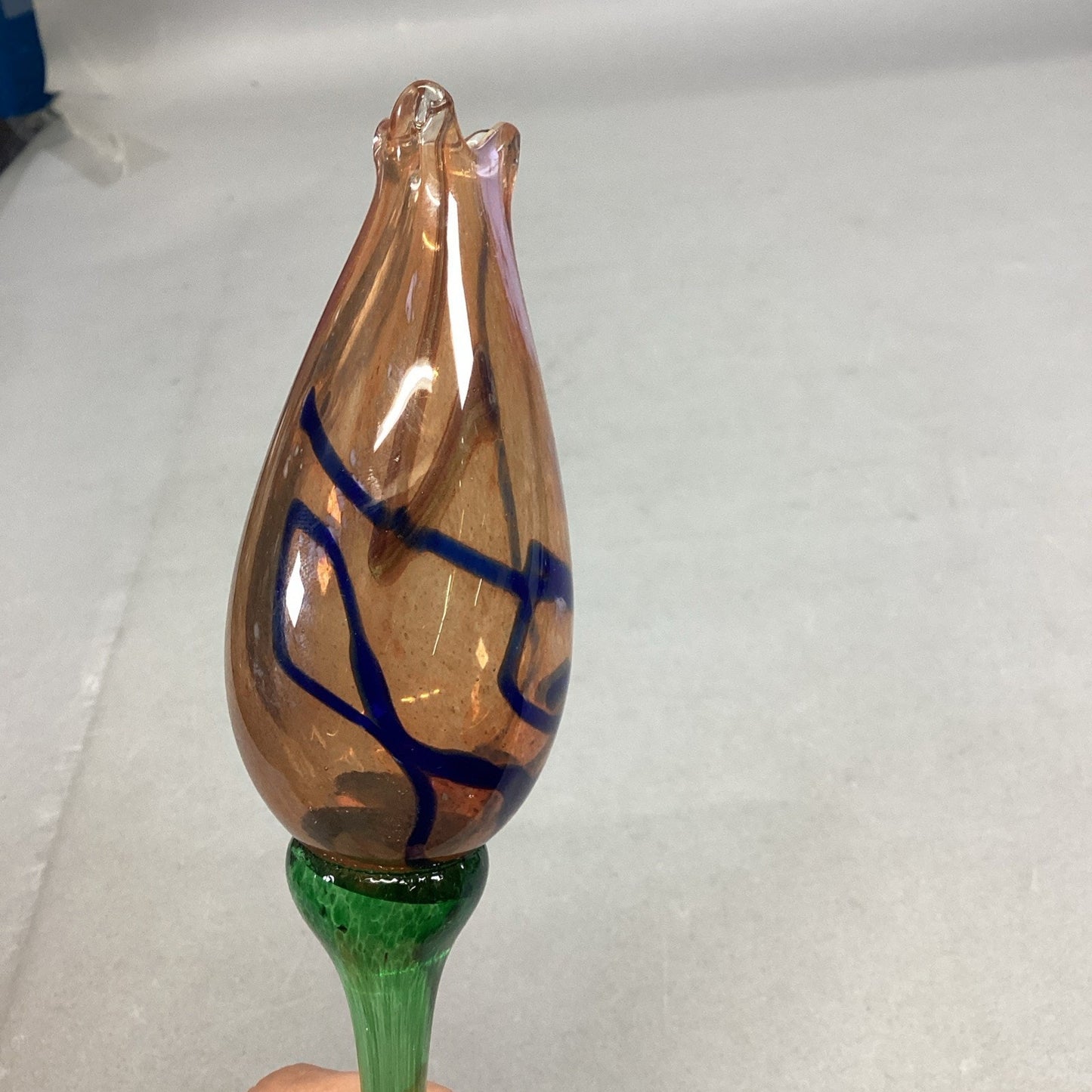 Handblown Peach Blue Green Glass Flower And Stem - 23”L