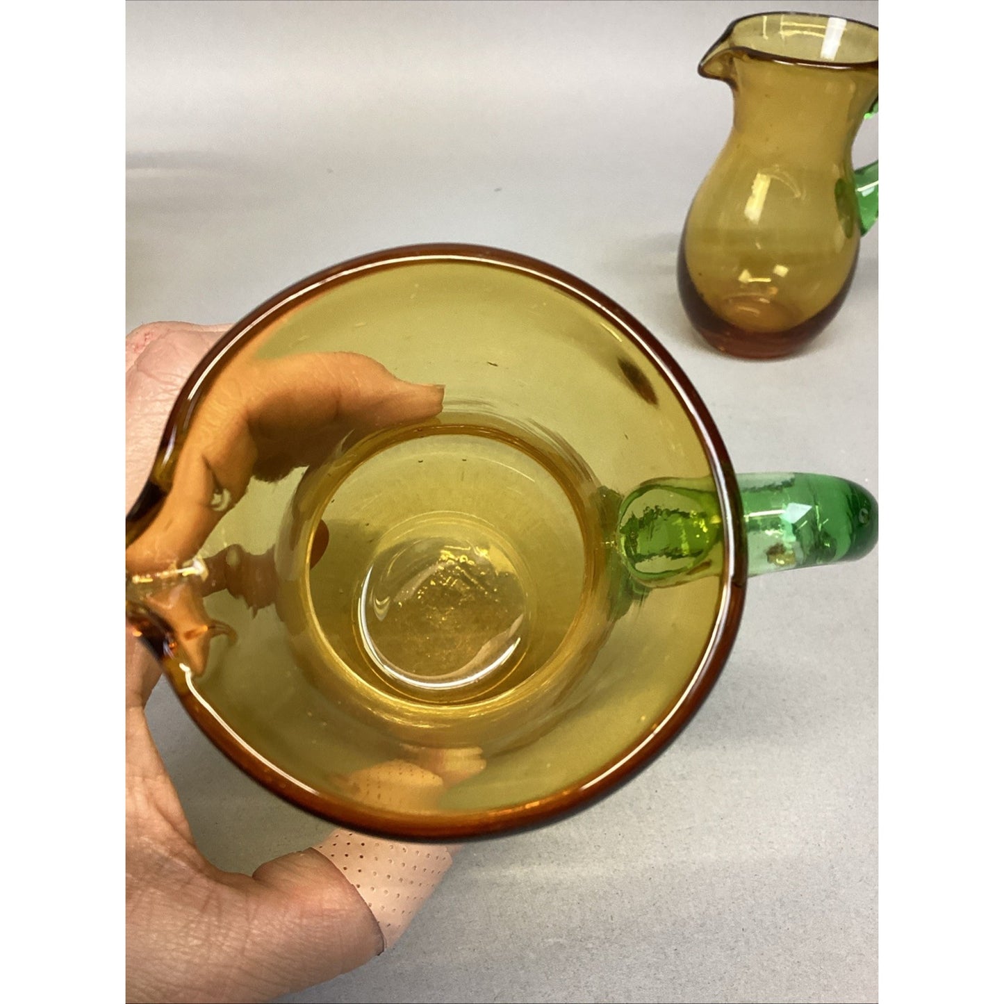 Set Of 3 Art Bubble Glass Hand Blown Pitcher W/ Amber Green Attached Handle