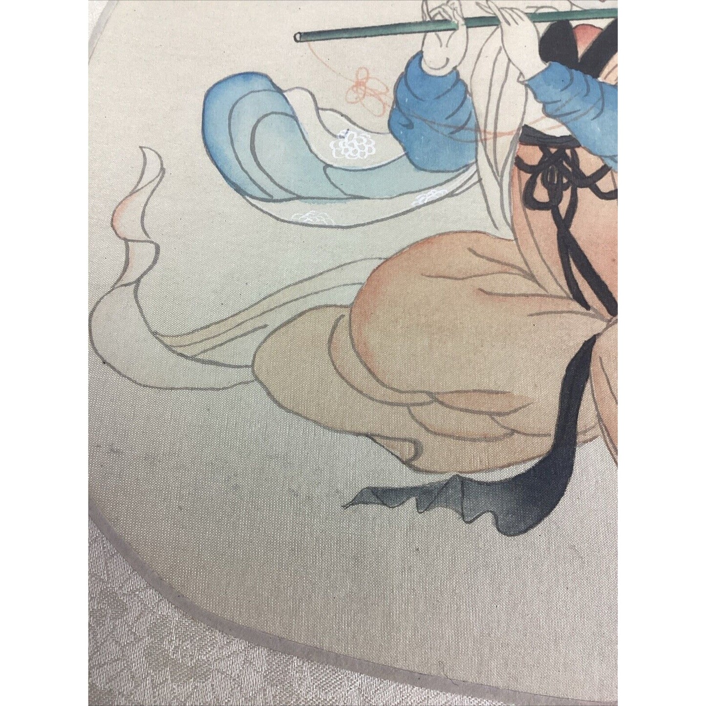 Antique Chinese Watercolor Painting On Silk - Girl Playing Flute