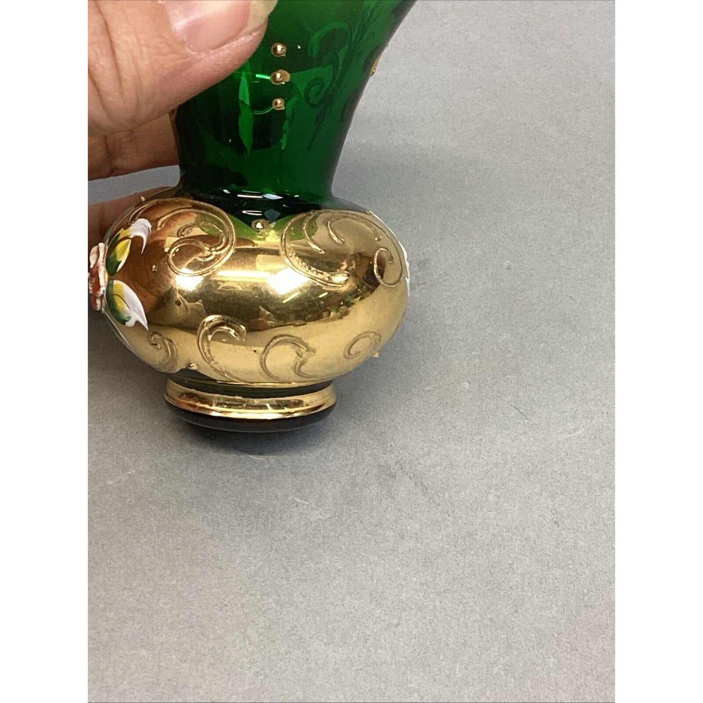 Vtg Bohemian Czech Green Glass Vase Encrusted Gilt Gold Enamel Flowers - 3.25”