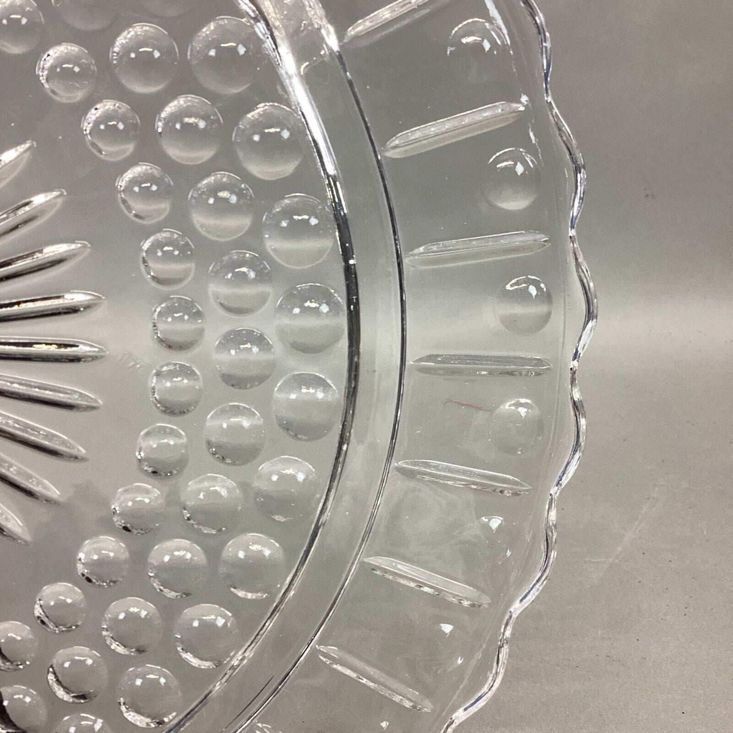 Vintage Federal Glass Cake Plate Footed Scalloped Edge Sunburst Bubble 11.25”D