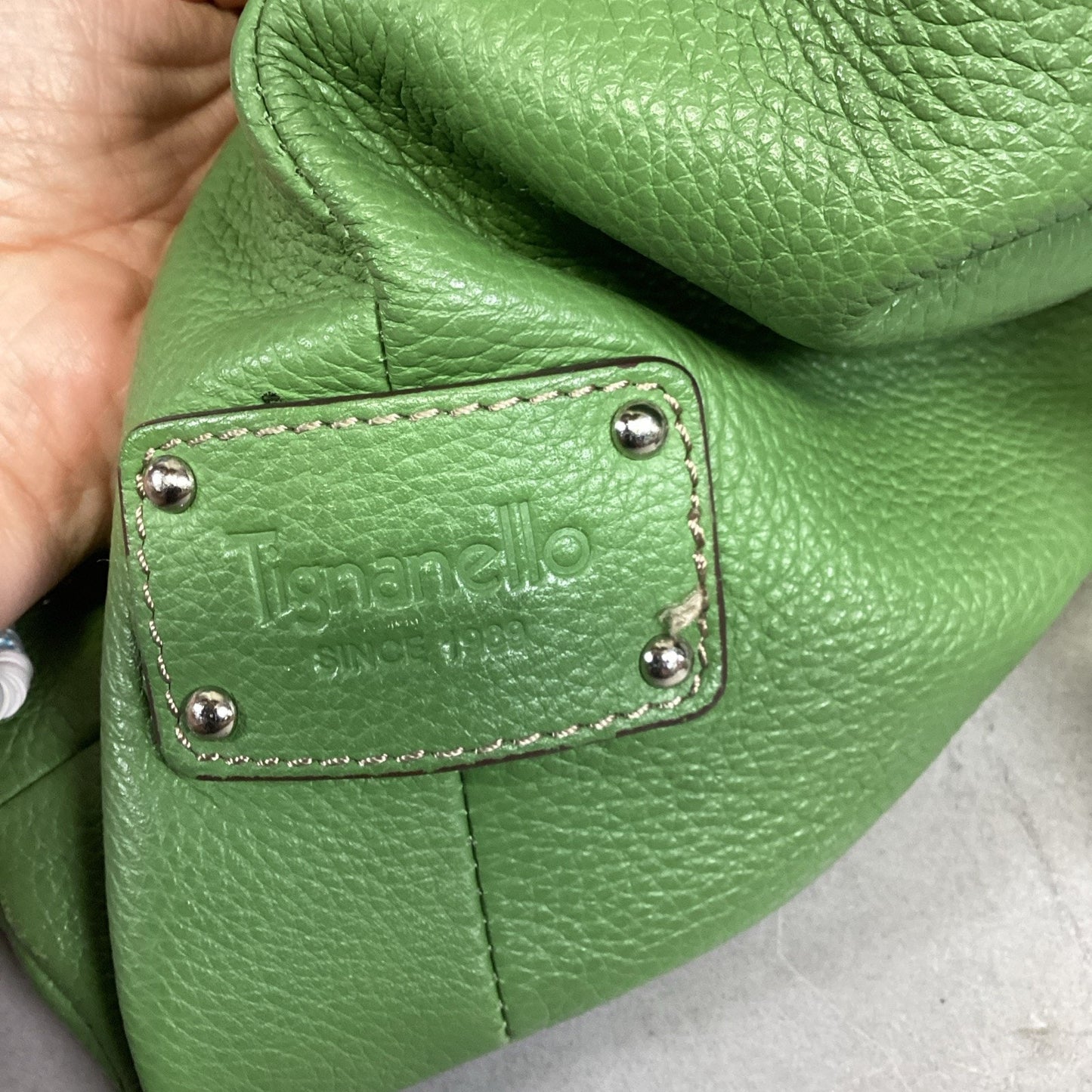 TIGNANELLO Double Handle Green Pebbled Leather Satchel Shoulder Bag Purse