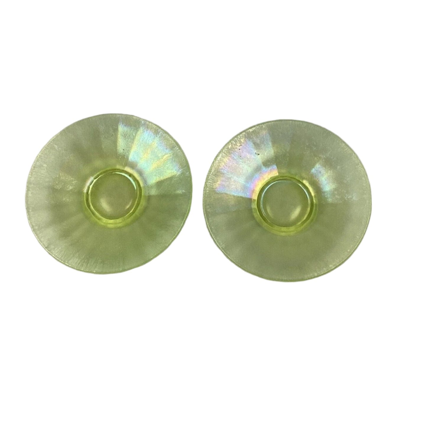 Set Of 2 Iridescent Uranium Glass Plate/Saucer Yellow Green Glows - 6.25”