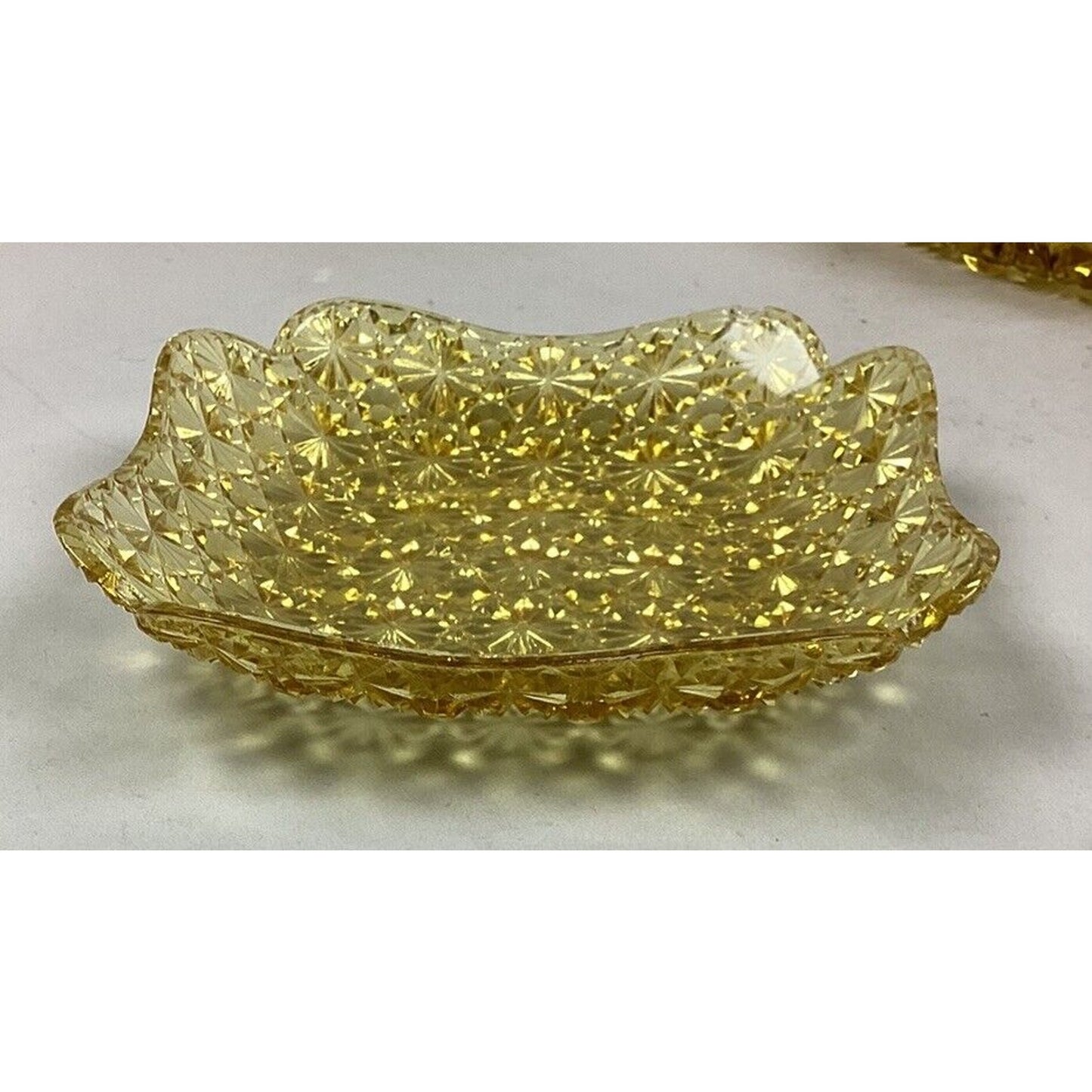 Amber Gold Star Cut Glass Serving Dish & 6 Curved Dessert Bowls/Plates