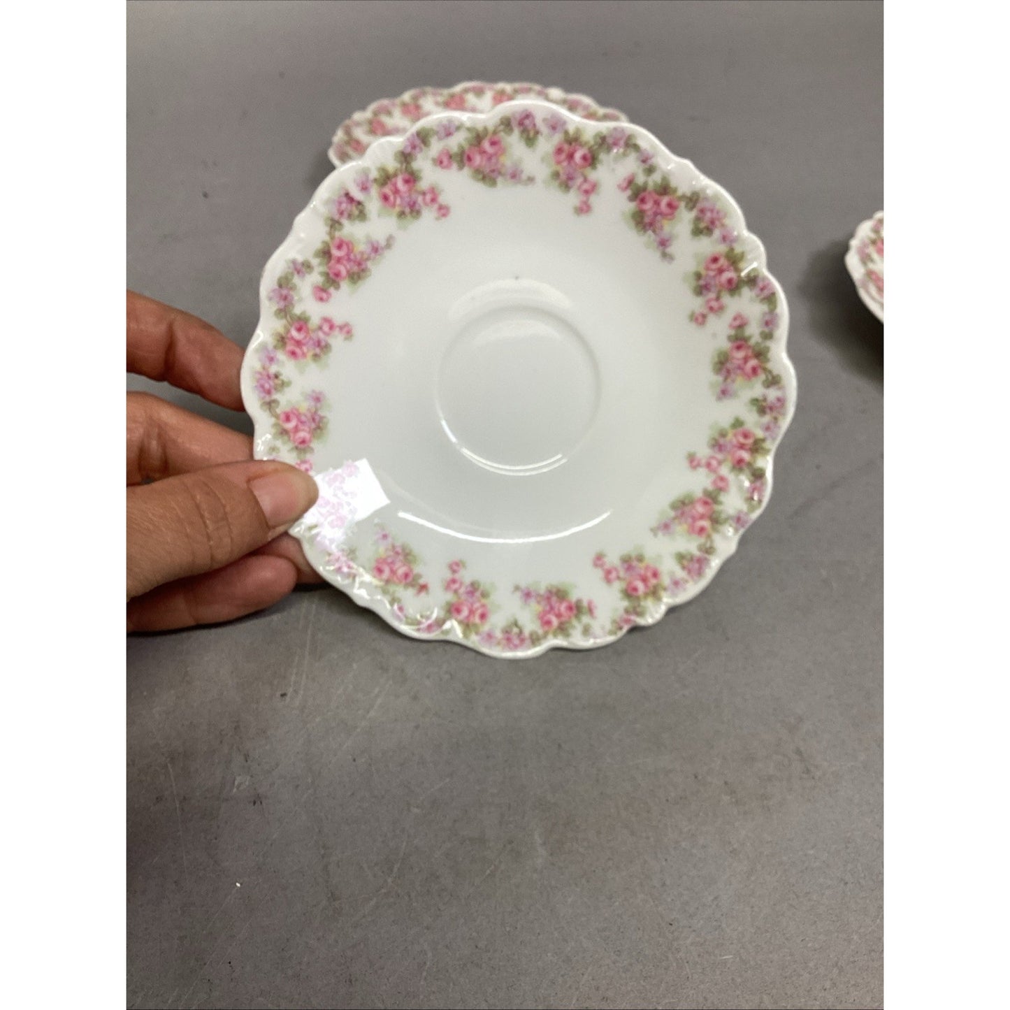 Set Of 10 Vintage Elite Works Limoges Scalloped Edge Saucers Pink Roses - 5-3/4”