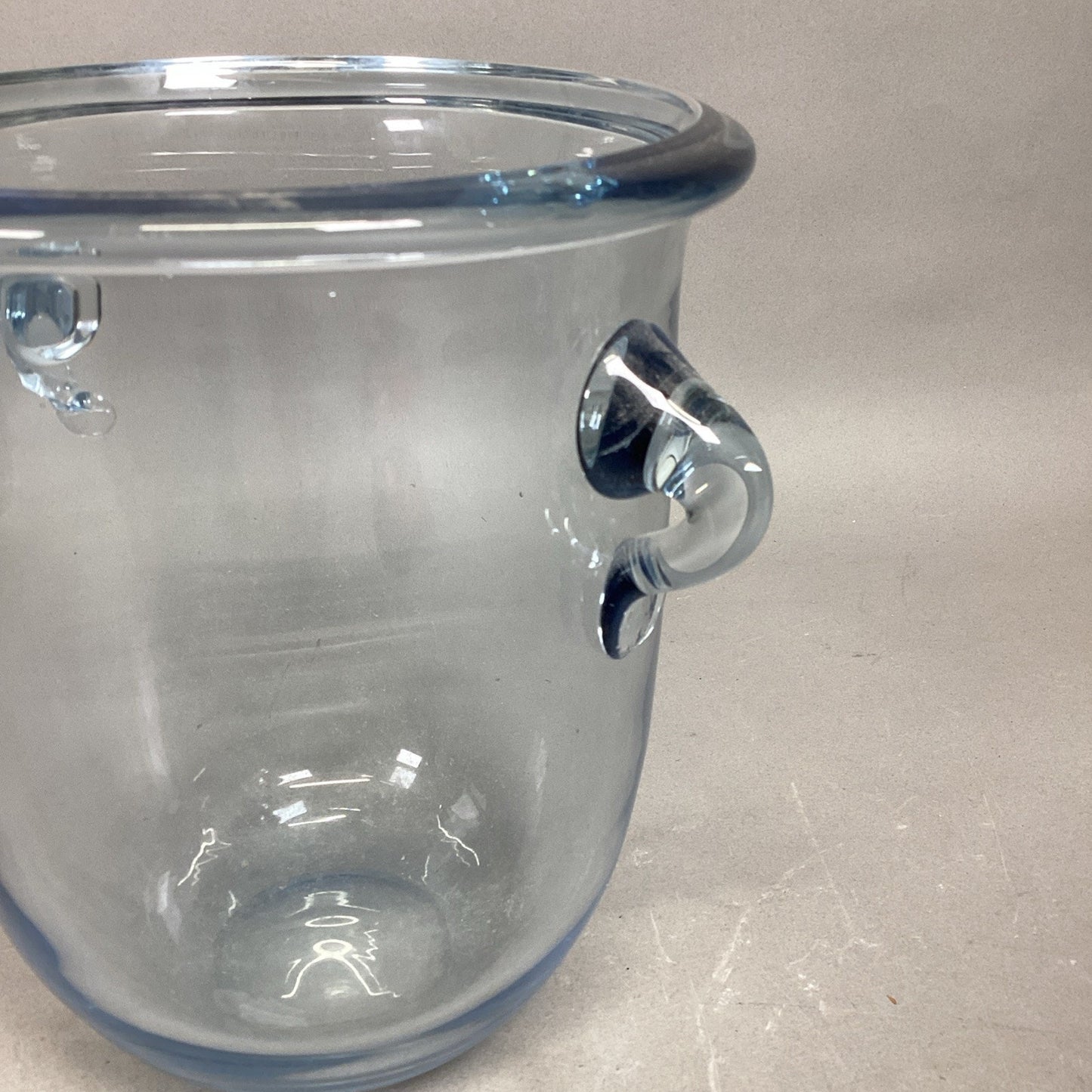 Mid Century Modern Blue Glass Ice Bucket With 2 Handles - 8.25”Hx7”D