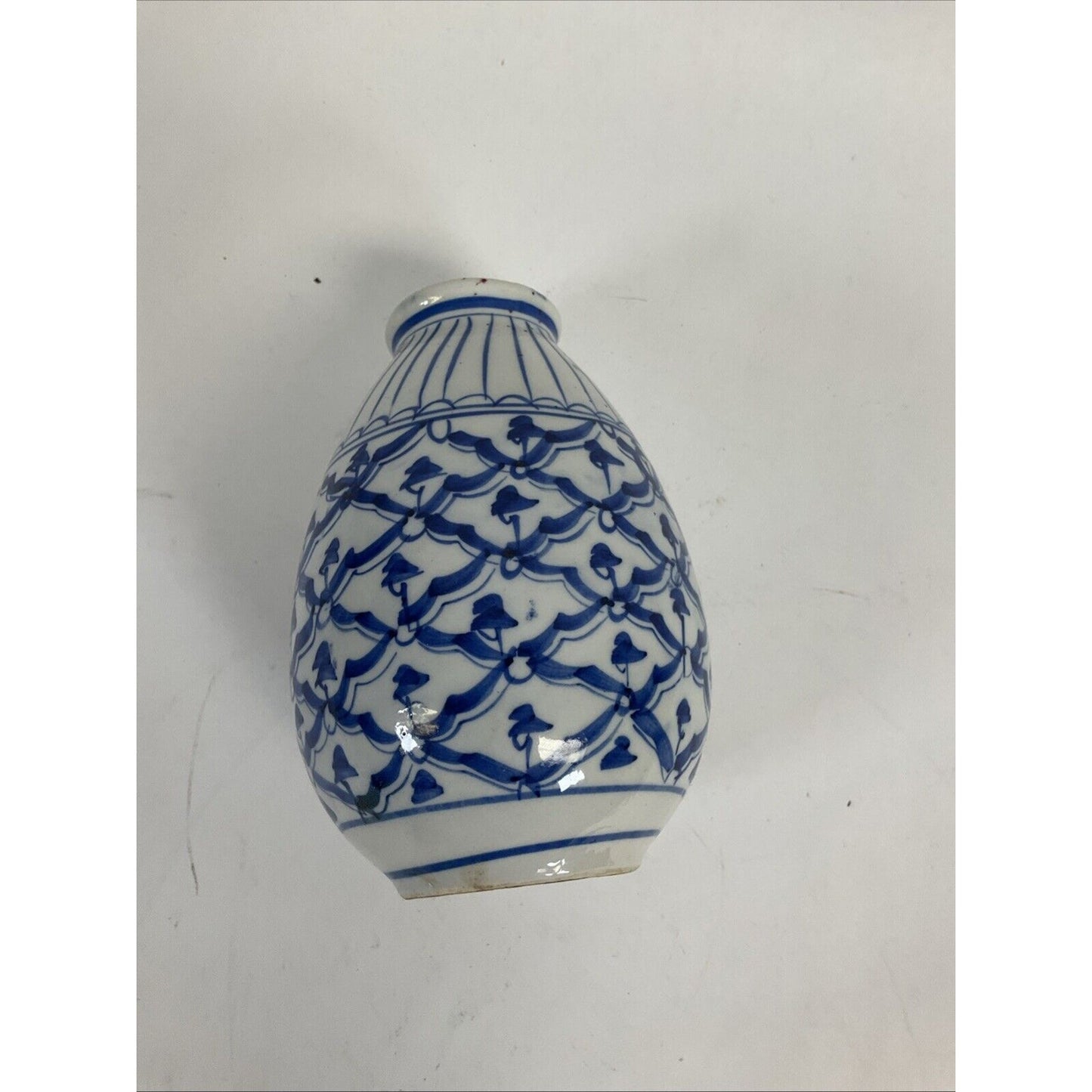 Vintage Cobalt Blue and White Vase With Flowers With Swirls Diamonds 5-1/2"H