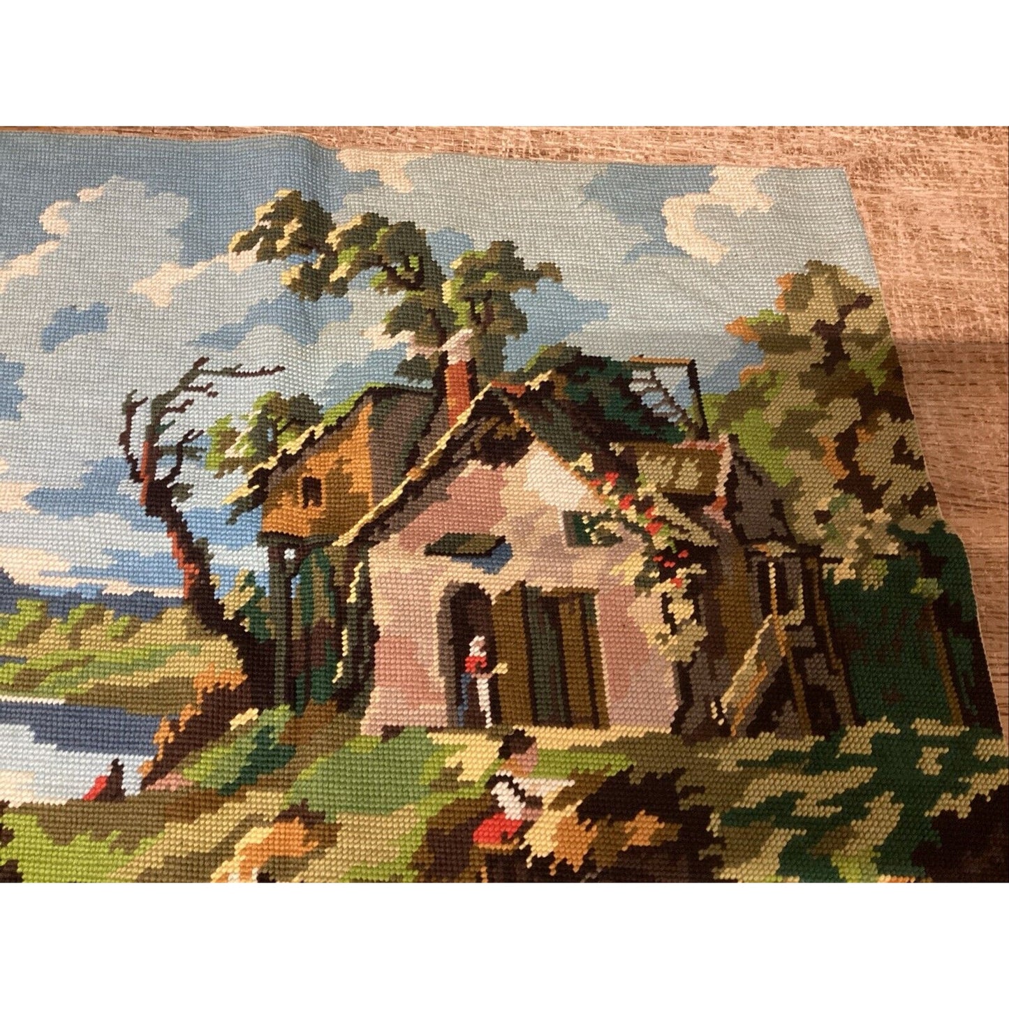 Handmade Cross Stitch Country Lake Scene - 24x19.5”
