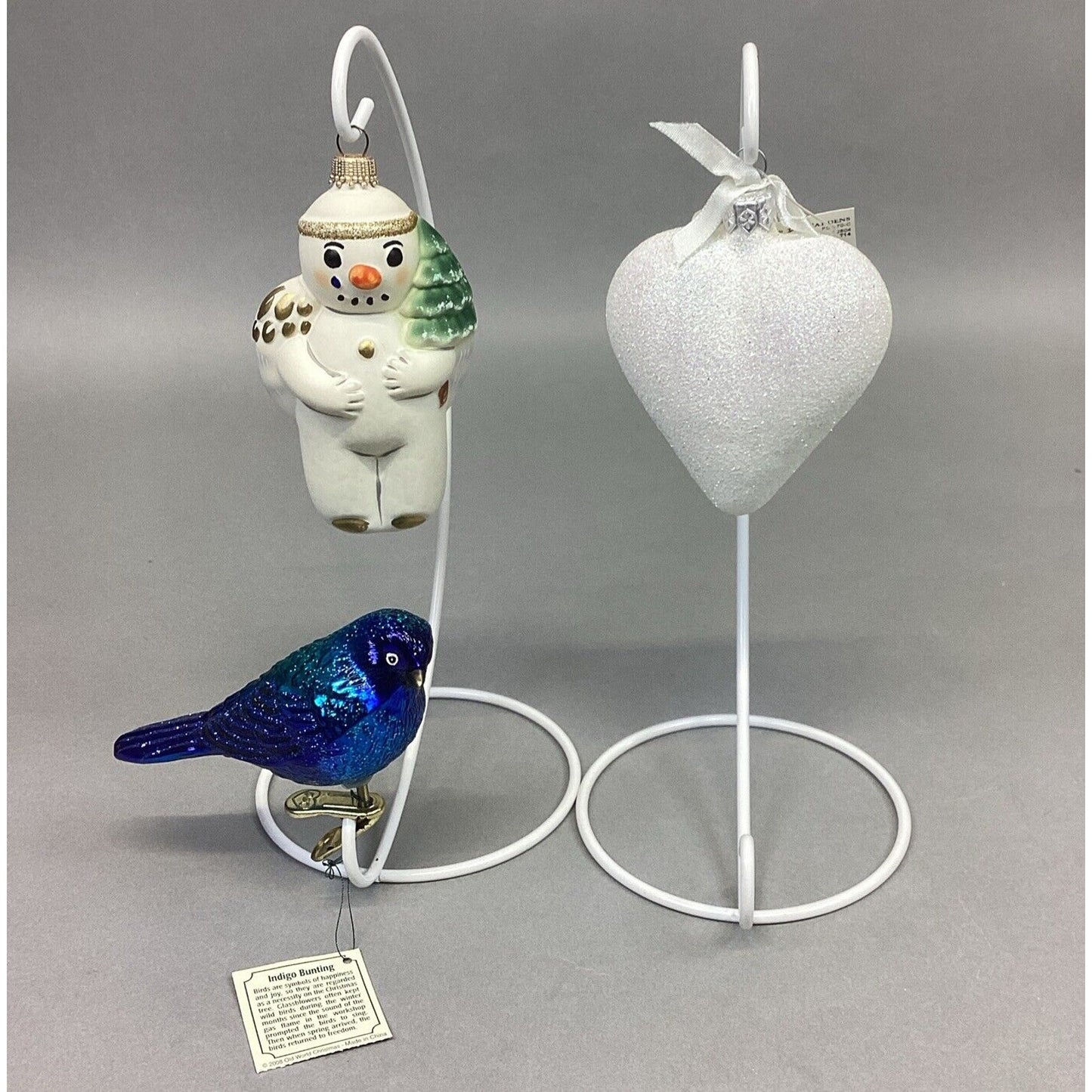 Old World Indigo Bunting, VFA Snowman & Small White Glitter Heart Ornaments