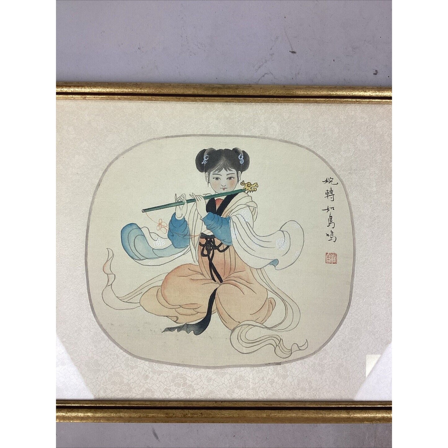 Antique Chinese Watercolor Painting On Silk - Girl Playing Flute