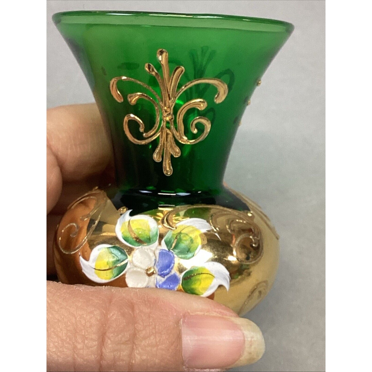 Vtg Bohemian Czech Green Glass Vase Encrusted Gilt Gold Enamel Flowers - 3.25”