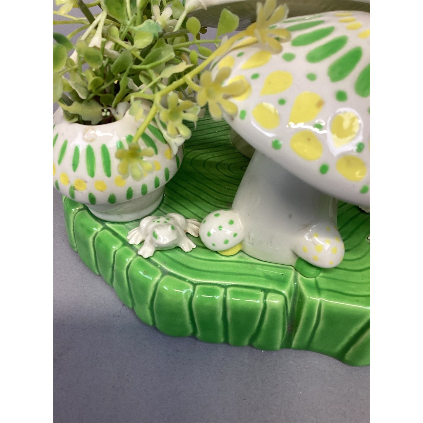 Ceramic Spring Time Statue - Frogs, Mushrooms, Plants Figurine - 6”Hx8”Lx6.5”W
