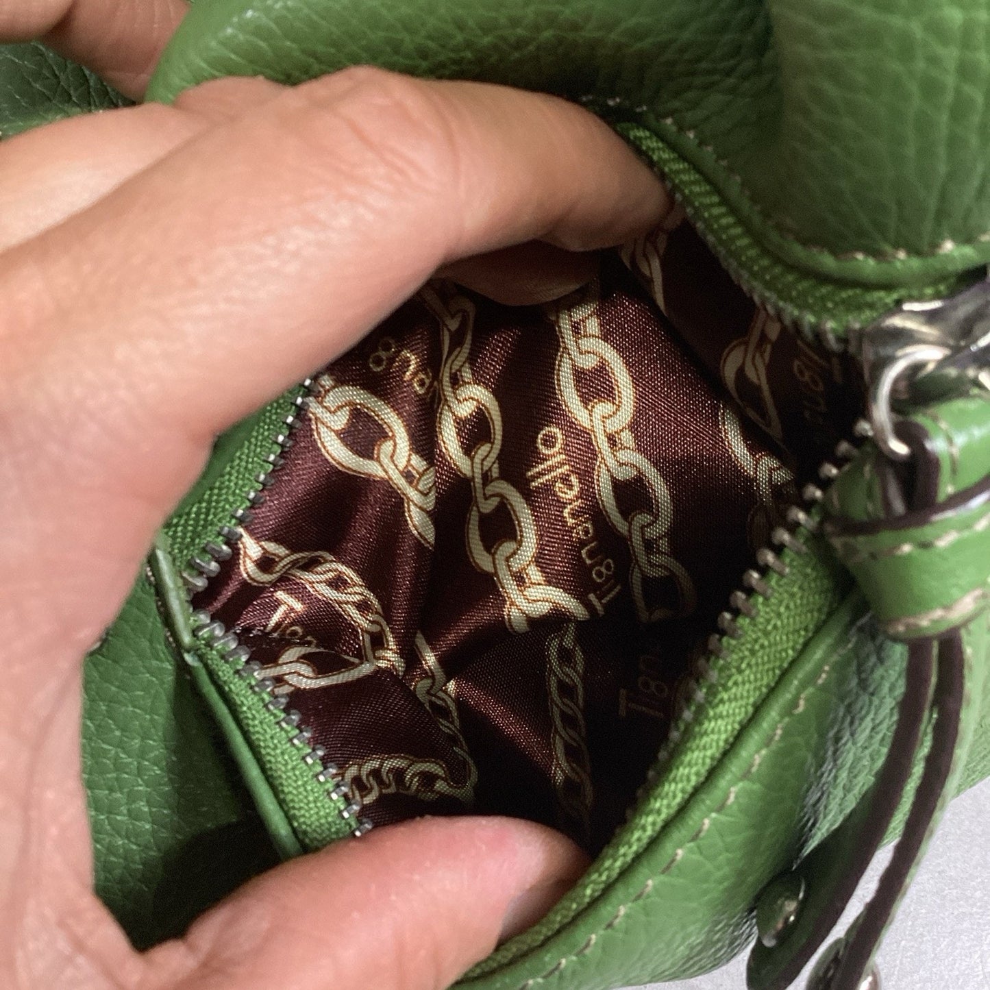 TIGNANELLO Double Handle Green Pebbled Leather Satchel Shoulder Bag Purse