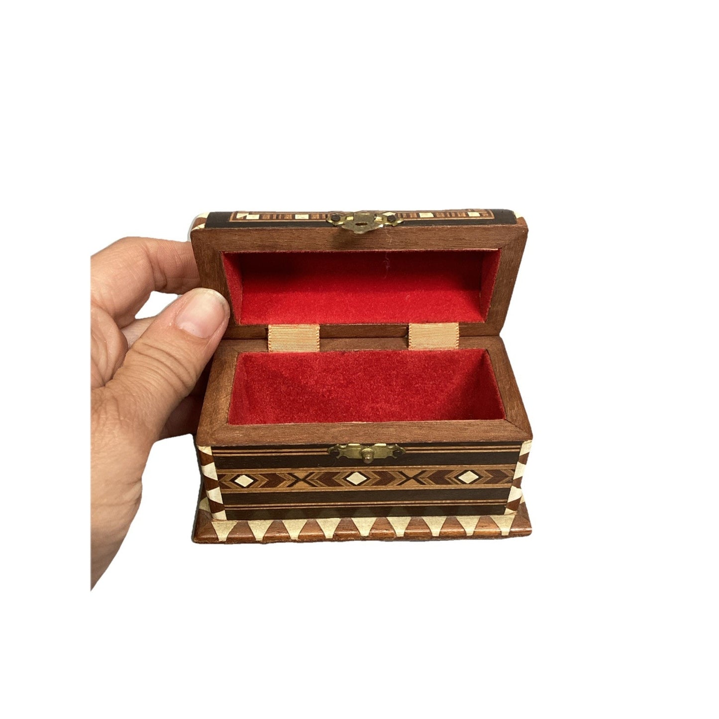 Wooden Inlay Geometric Design Jewelry Treasure Trinket Chest - 4x2.25x2.75” VTG