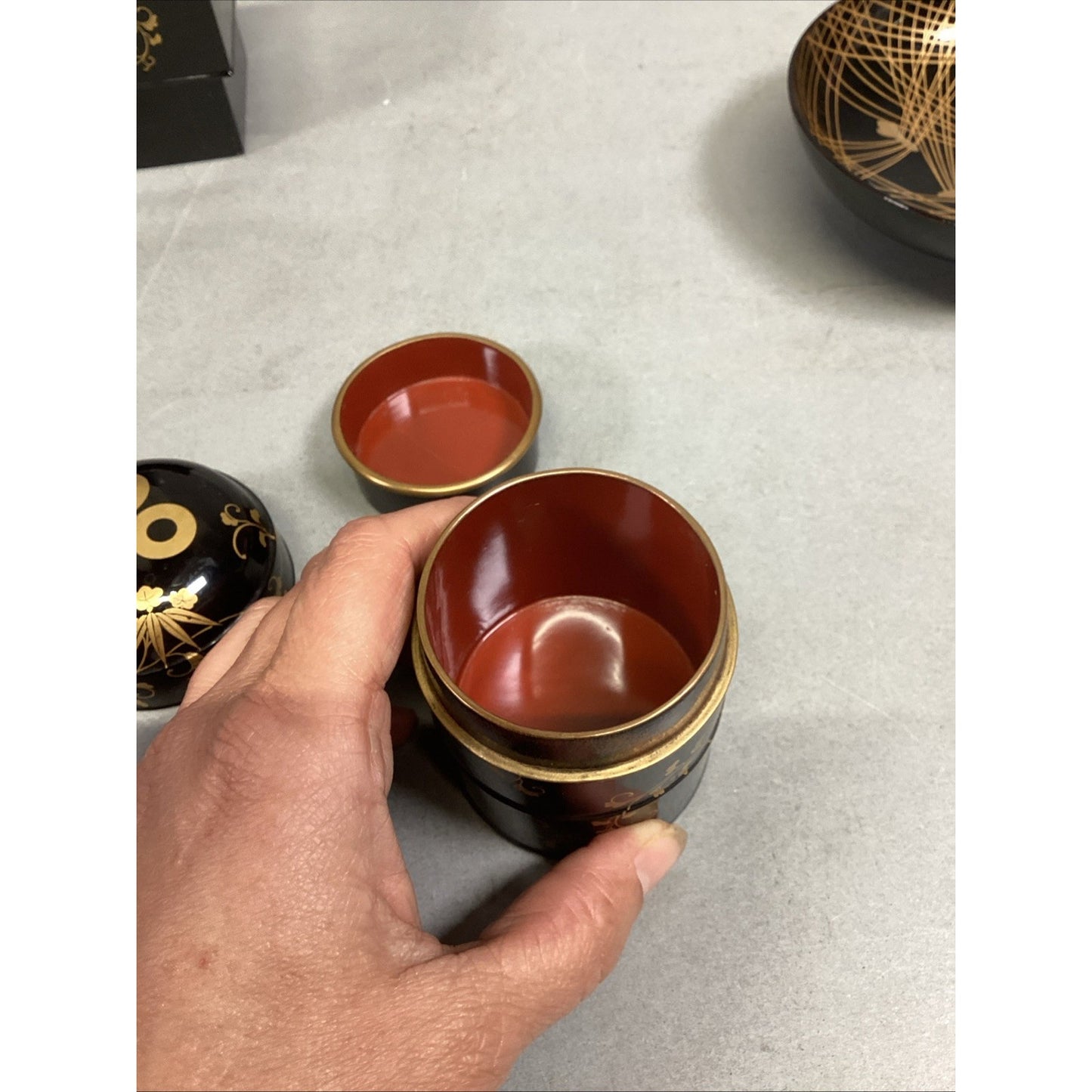 Set Of 2 Lacquer Box Makie Container Cases, 2 Trinket Boxes & 1 Sake Cup/Bowl