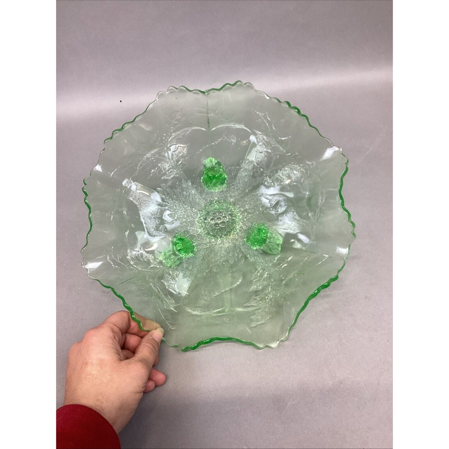 Vintage Fenton Stag and Holly Green Uranium Glass 3 Footed Bowl - 10x3.75”