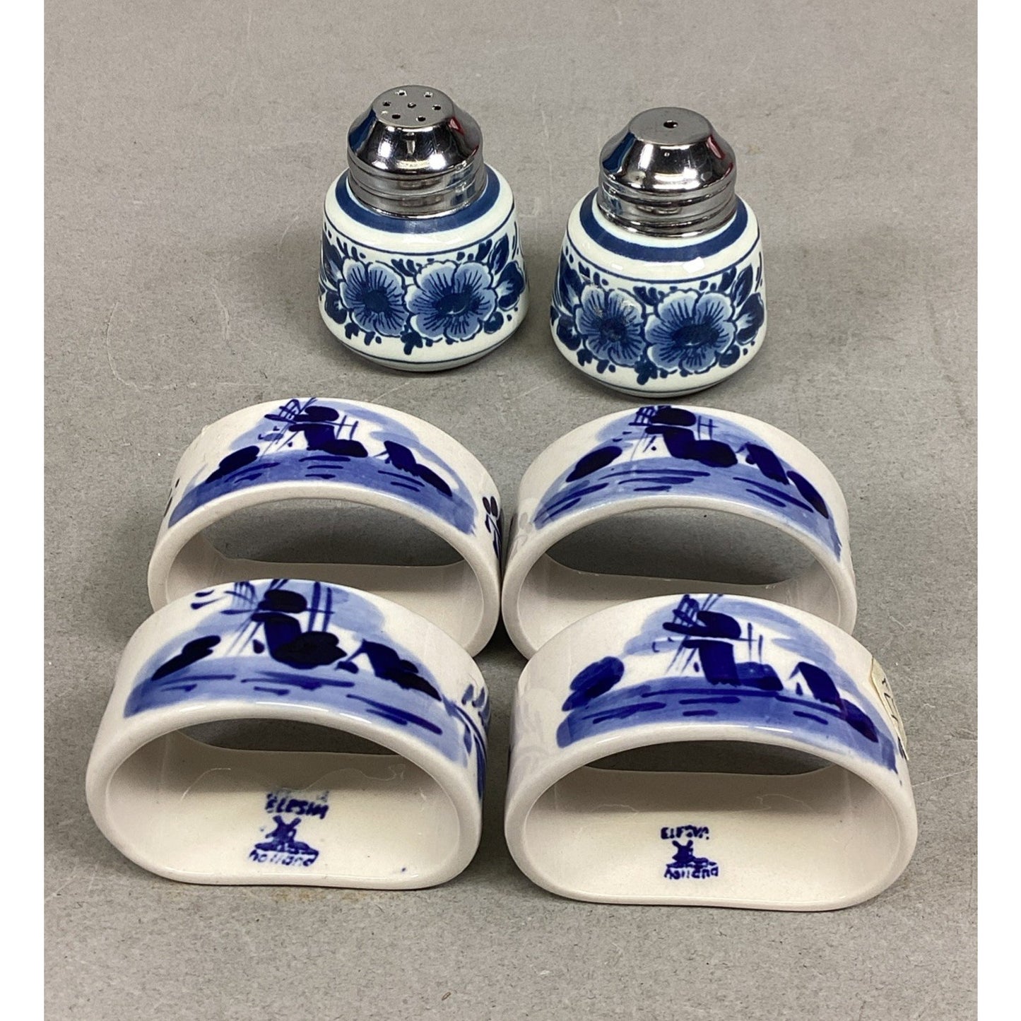 Delft Salt & Pepper Shakers W/ 4 Delft Napkin Ring Holders