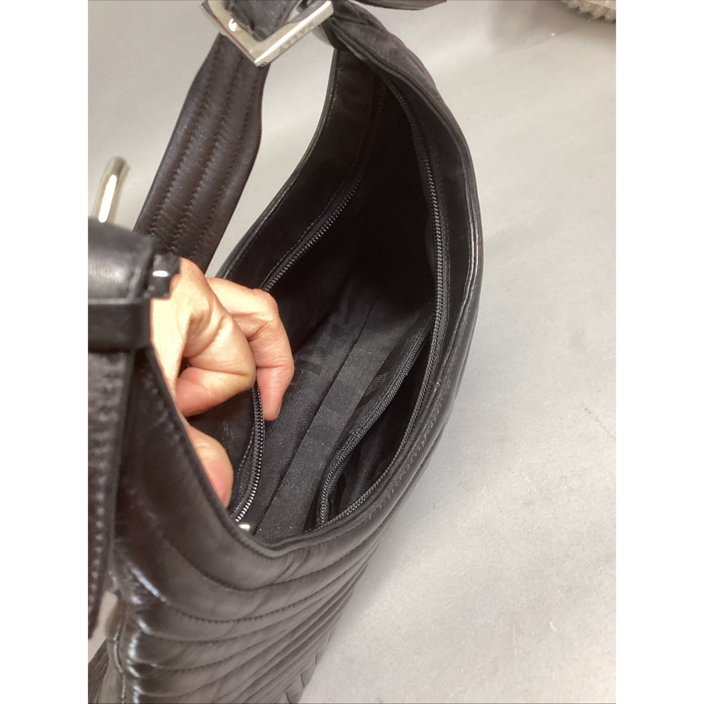 Bally Half Moon Quilted Black Leather Shoulder Bag W/ Mirror