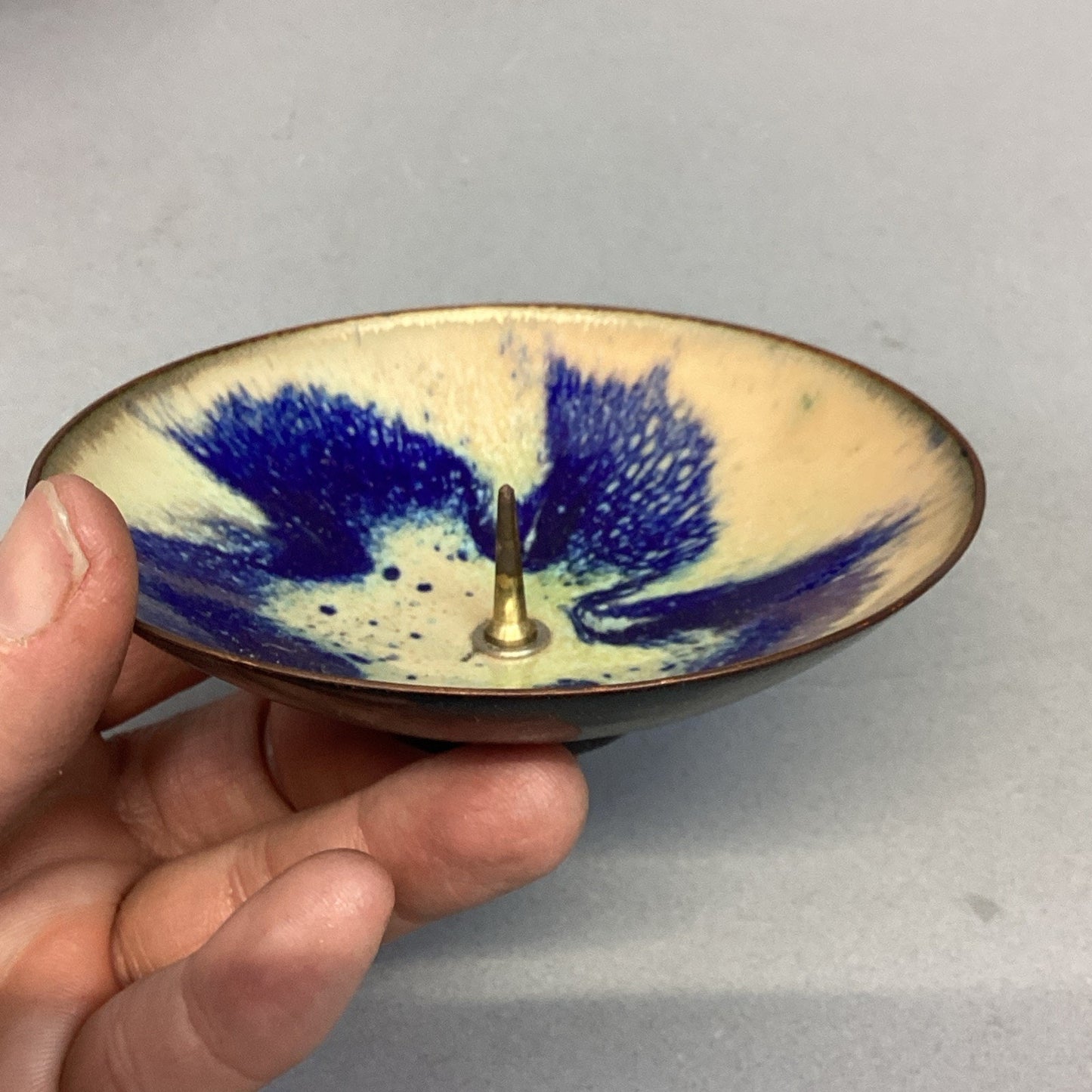 Vintage MCM Copper Enameled Dish & 2 Candle Holders By E. Krage - Norway