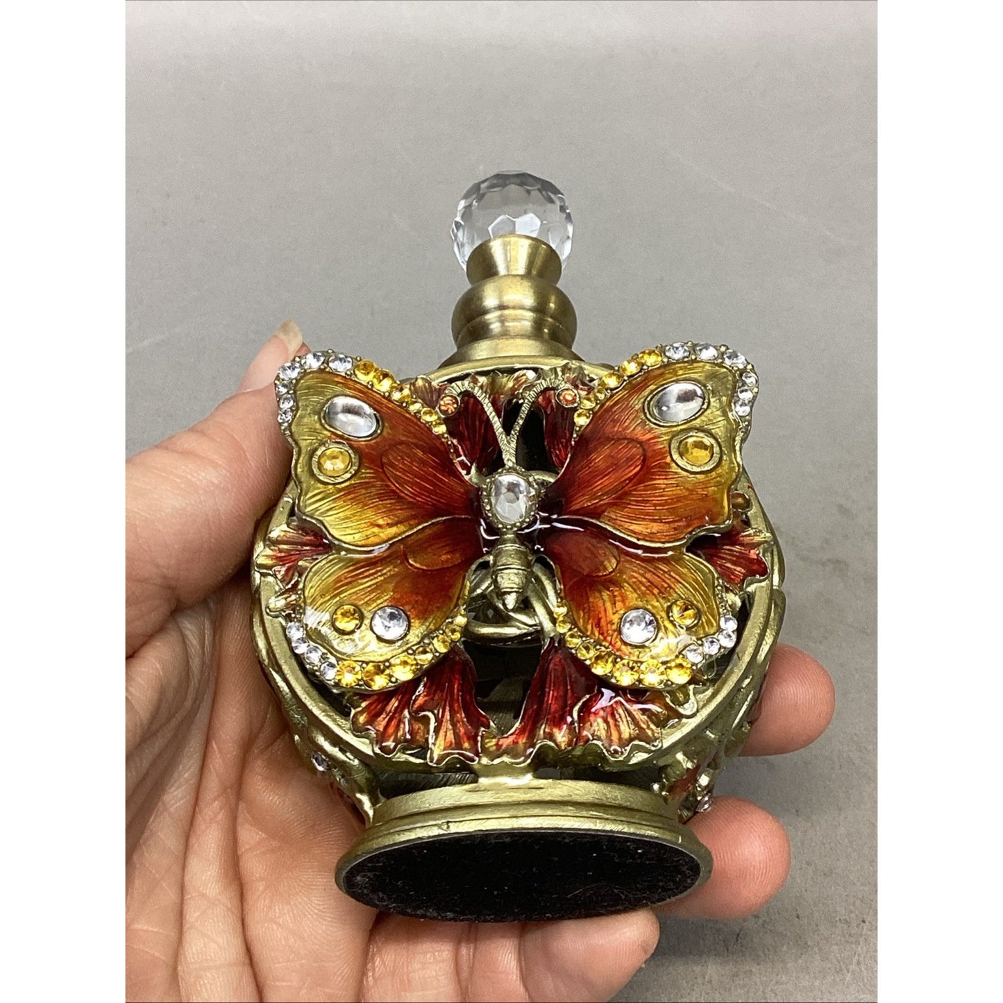 Becky Horton Antique Perfume Bottle With Butterfly & Rhinestones - Empty