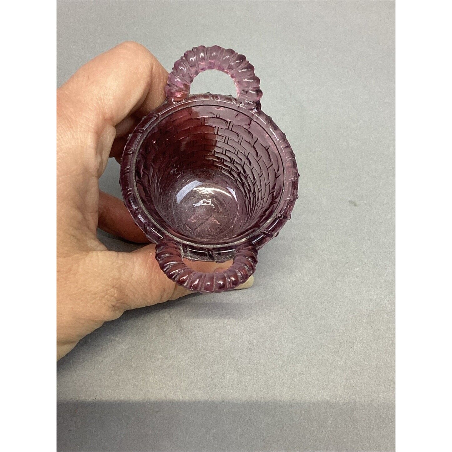 Boyd Glass Purple Amethyst Basket with Handles Toothpick Holder
