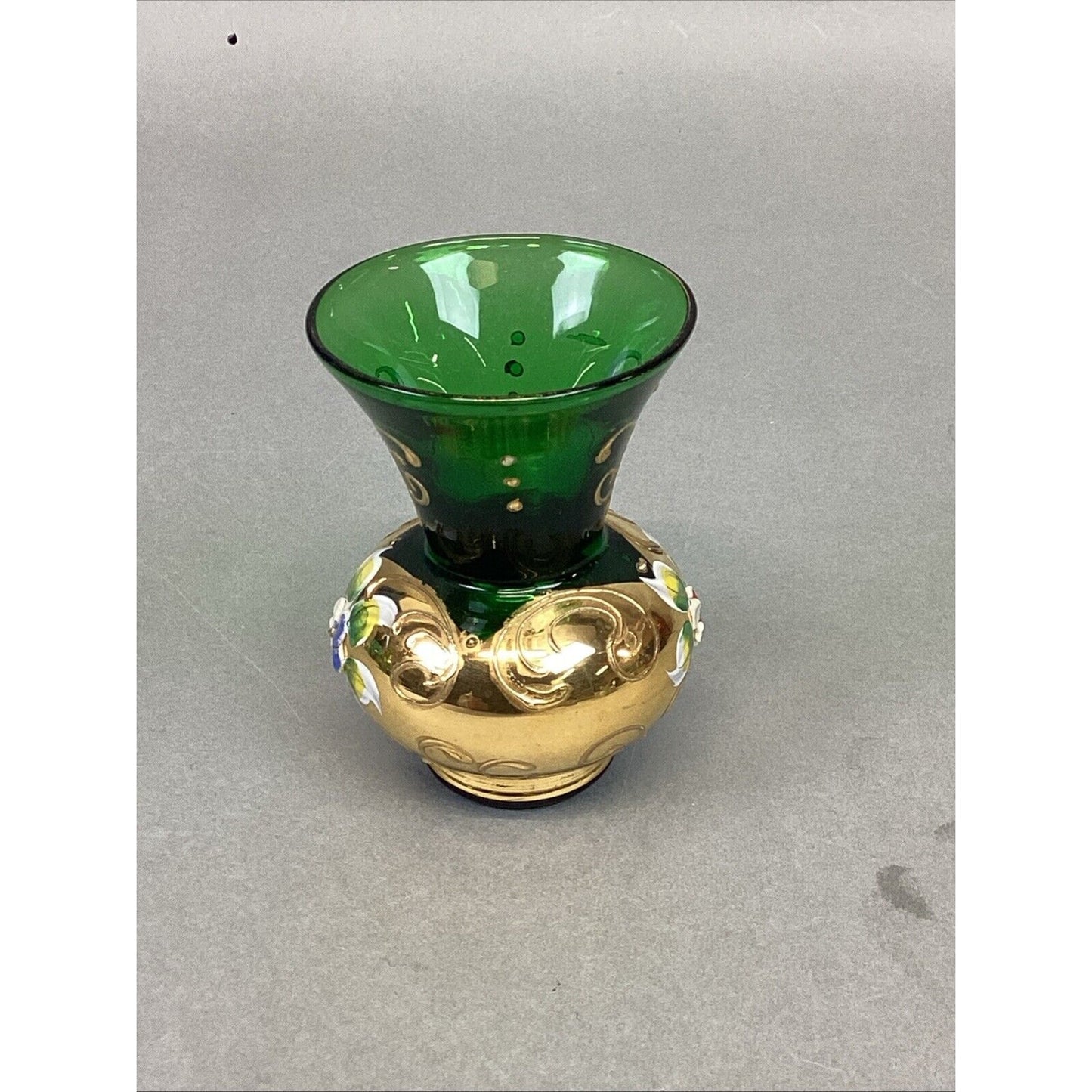 Vtg Bohemian Czech Green Glass Vase Encrusted Gilt Gold Enamel Flowers - 3.25”