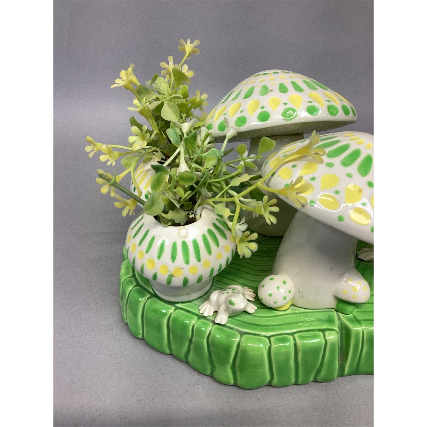 Ceramic Spring Time Statue - Frogs, Mushrooms, Plants Figurine - 6”Hx8”Lx6.5”W