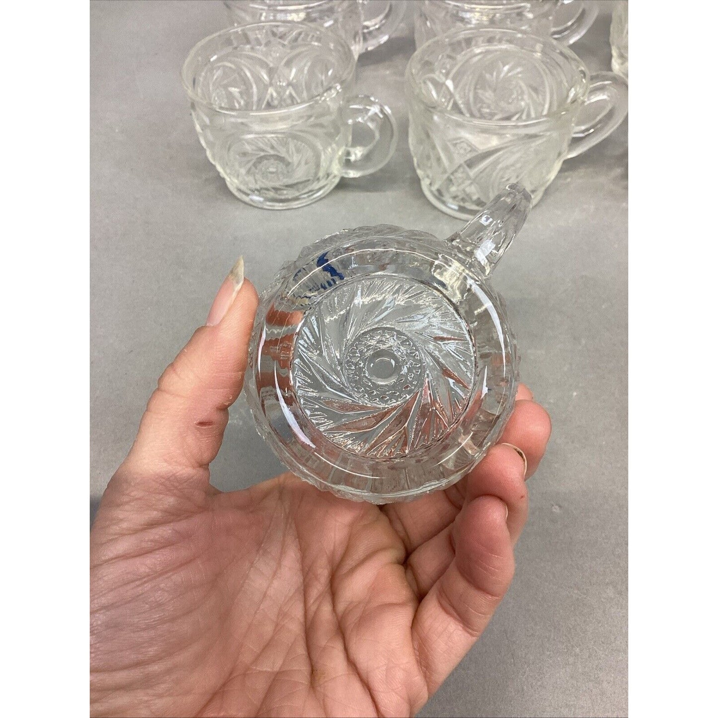 L.E. Smith Aztec Carved Crystal Glass Punch Bowl Cups - Set Of 7