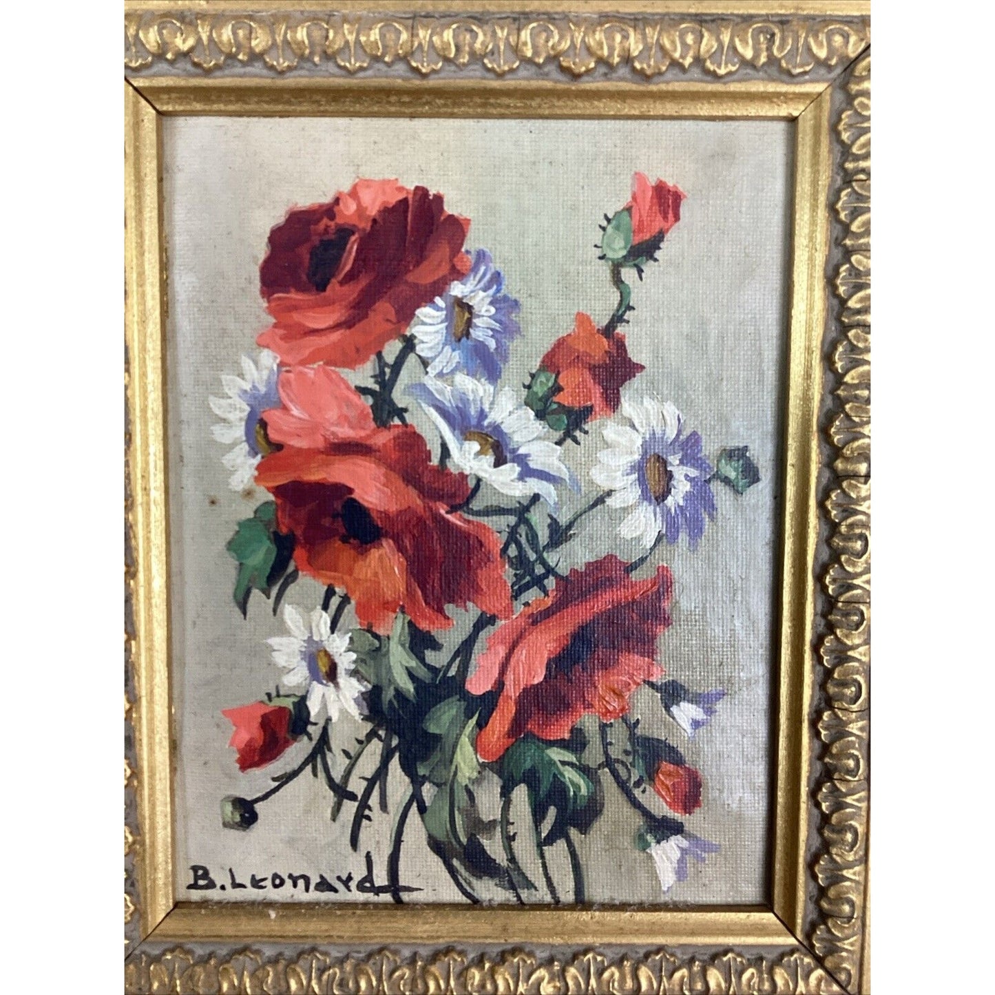 B. Leonard Floral Painting In Wooden Frame - 8 3/4x7 3/4”