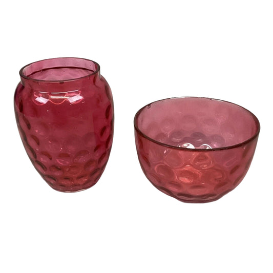Vintage Fenton Cranberry Dot Finger Bowl And Vase Set